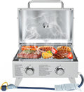 BBQCuker Portable Propane Gas Grill 2-Burner Tabletop with Foldable Legs for Outdoor Camping Cooking Two 10,000 BTU Burners Stainless Steel, and Built-in Thermometer Chef's Style