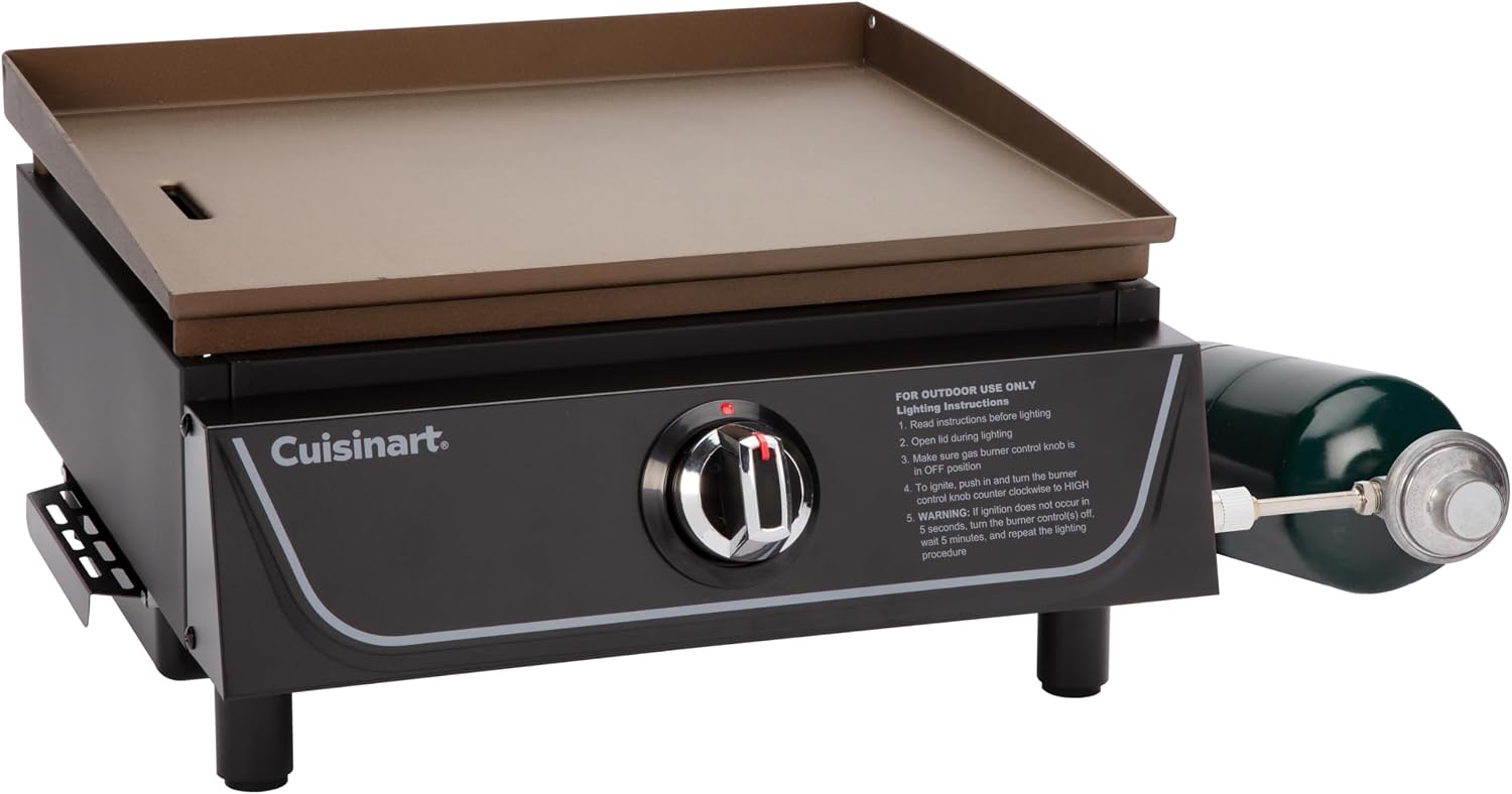 Cuisinart 17' Tabletop Gas Griddle, Easy Assembly Compact Outdoor Flat-Top Grill with Grease Cup, 255 Sq. In Cooking Space Perfect for Camping, Tailgates & BBQs