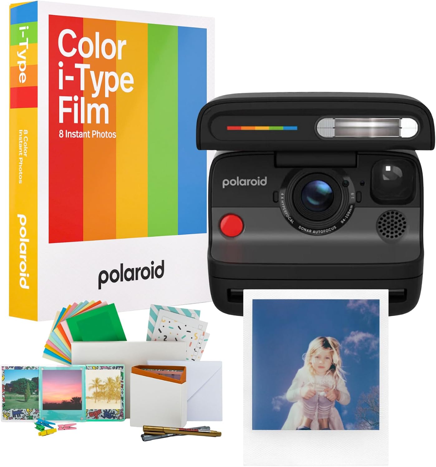Polaroid Flip Instant Camera with Sonar Autofocus and Retro Design (Black) Bundle with Color Instant Film for i-Type (8 Exposures) and Film Kit (3 Items)