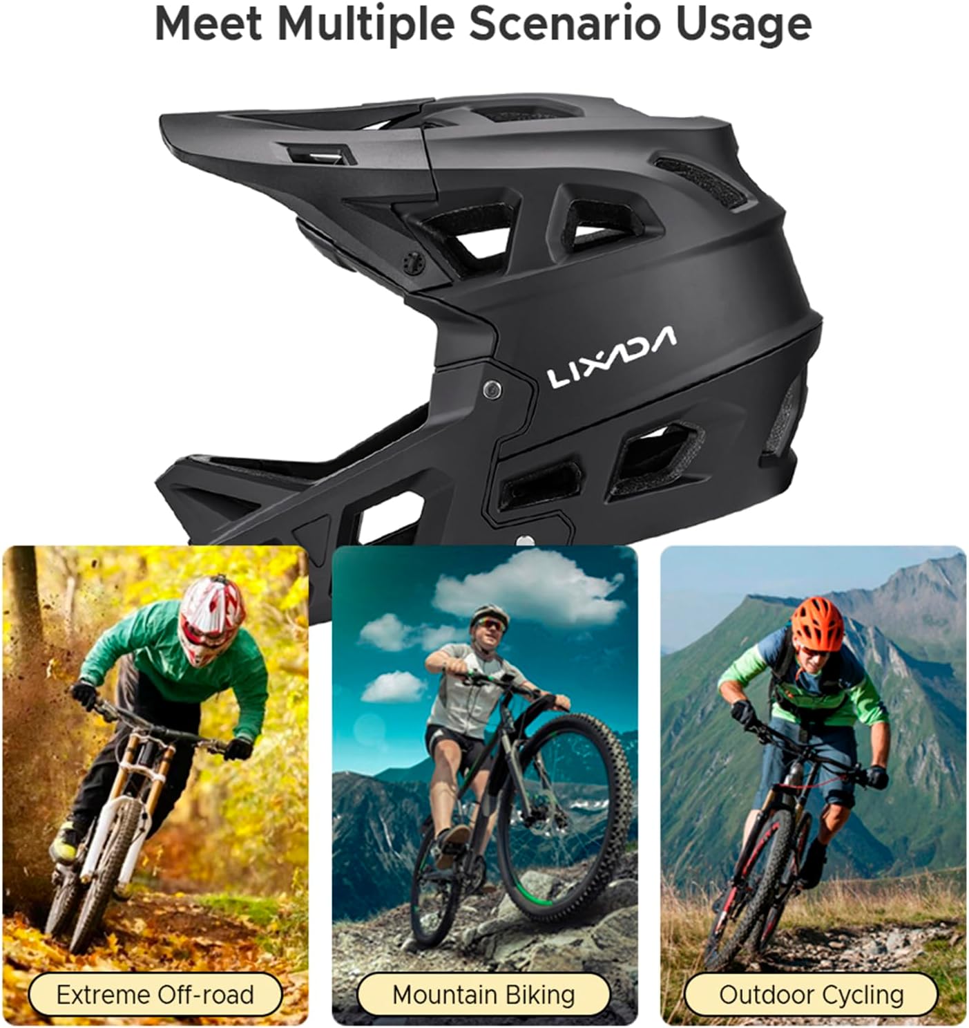 Lixada Adult Bike Helmet, Full Face Mountain Bike Helmet Lightweight Bicycle Helmet with Pads & Visor, Comfort Cycling Helmet Racing Downhill MTB Helmet for Men Women