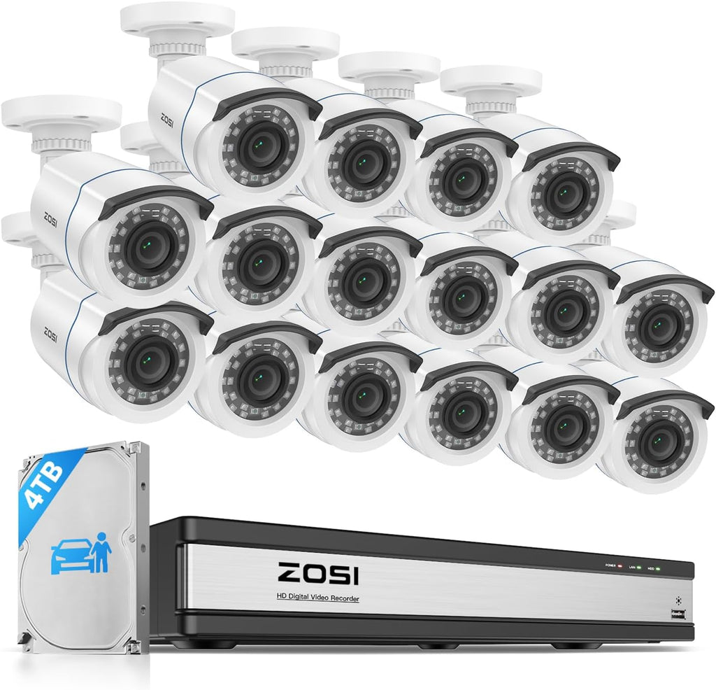 ZOSI H.265+ 16CH Security Camera System with AI Human Vehicle Detection, 16CH DVR with 4TB HDD for 7/24 Record, 16 x 1080p CCTV Camera Outdoor Indoor with 80ft Night Vision, 90°Wide Angle