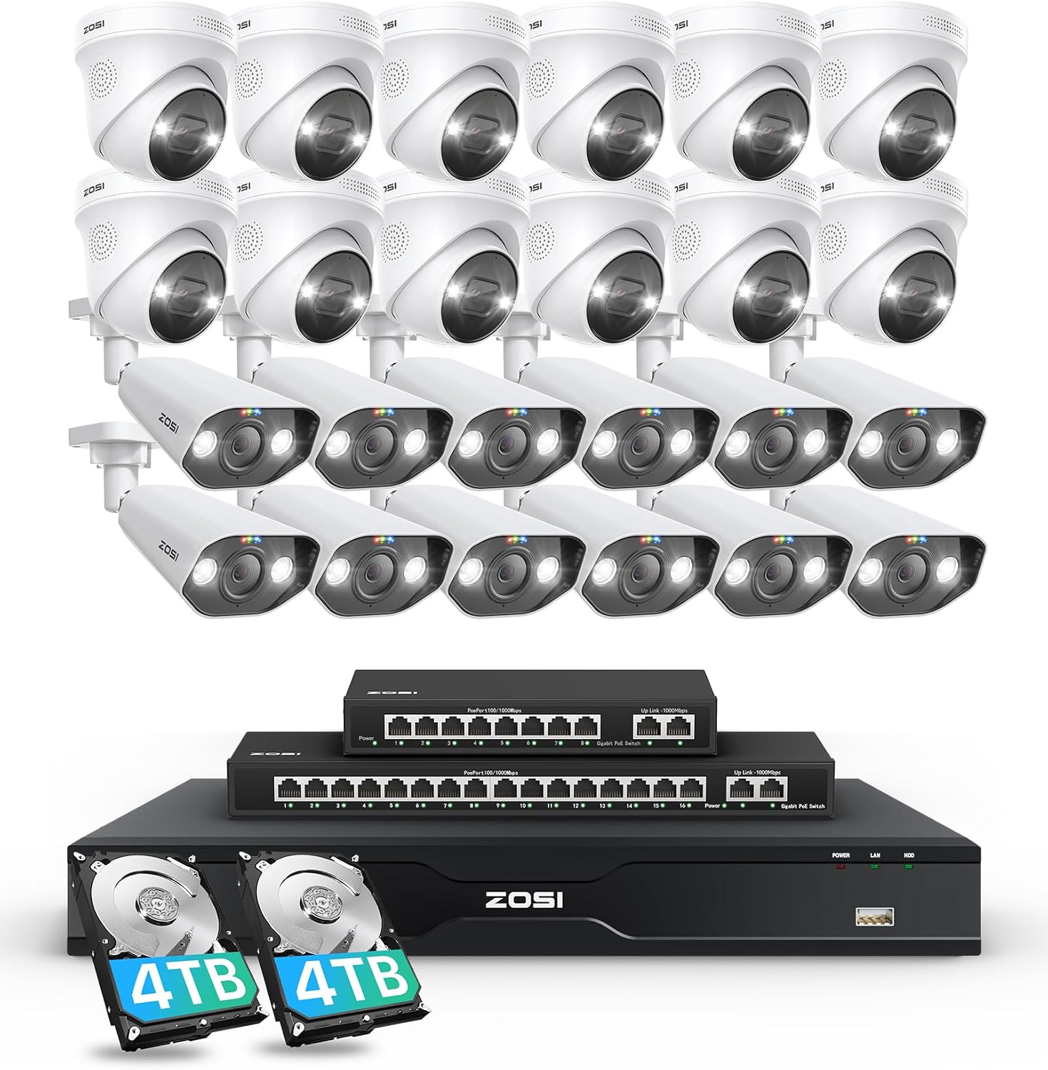ZOSI 32CH 4K PoE Security Camera System, 24pcs 8MP Outdoor Indoor IP Cameras, Face Person Vehicle Detection, 2 Way Audio, Spotlight Siren, 32 Channel 4K NVR with 8TB HDD for 24/7 Recording
