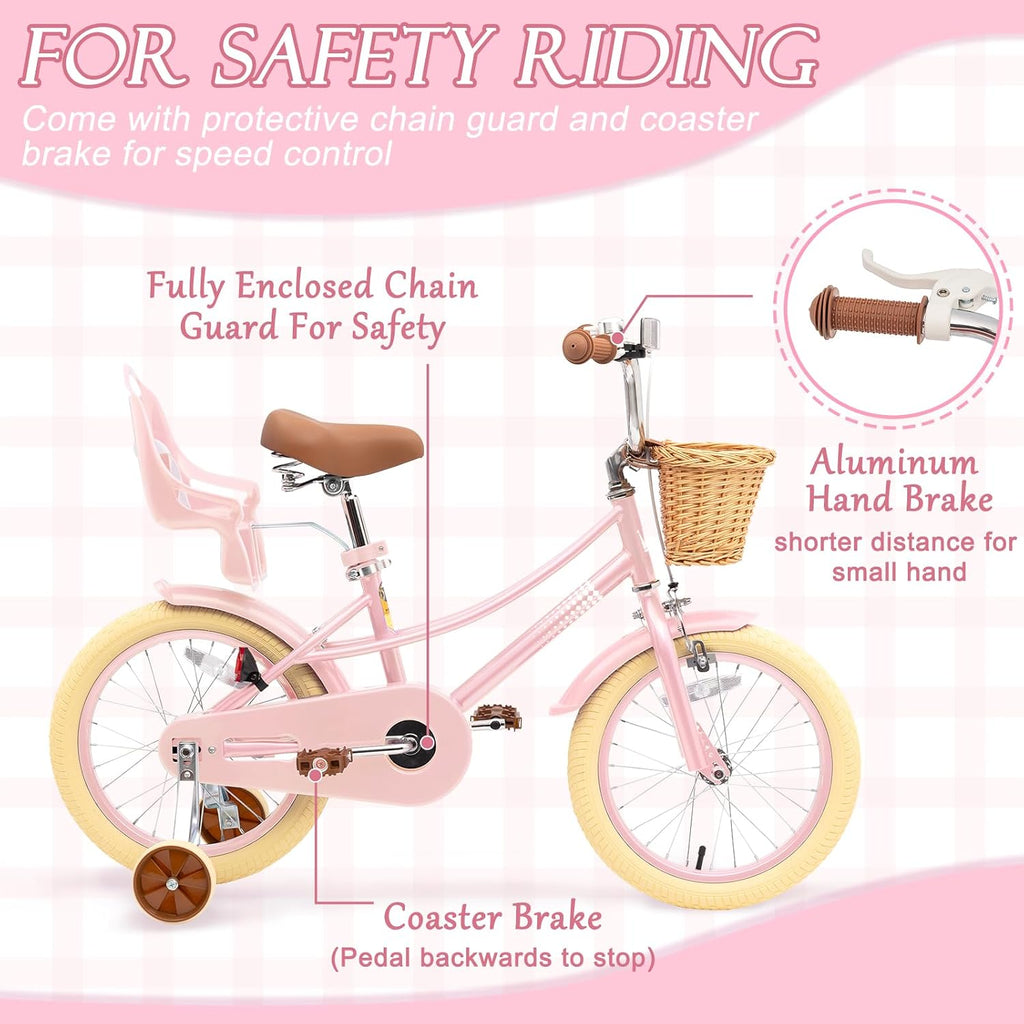 Glaf Toddler Girls Bike 12 14 16 20 Inch Girls Bike with Training Wheels Age 2-12 Years Old Bicycle Kids Bike with Basket and Doll Seat Adjustable Seat