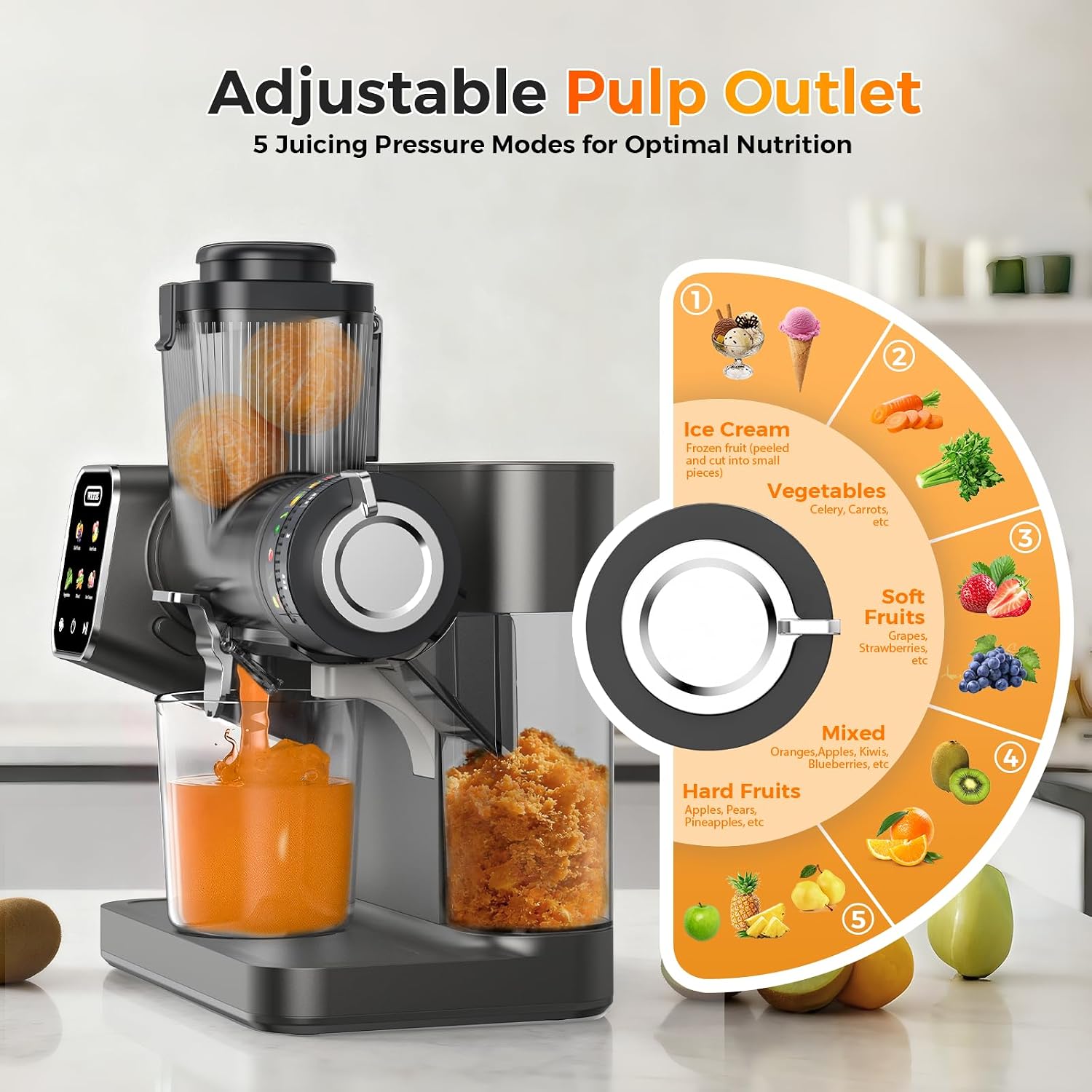 WETIE Cold Press Juicer, Slow Masticating Juicers Machines with Touch Screen, Adjustable Juicing Pressure, 99% Juice Yield, 3.54'' Wide Chute Juicer Extractor, Easy to Clean with Brush & Recipes