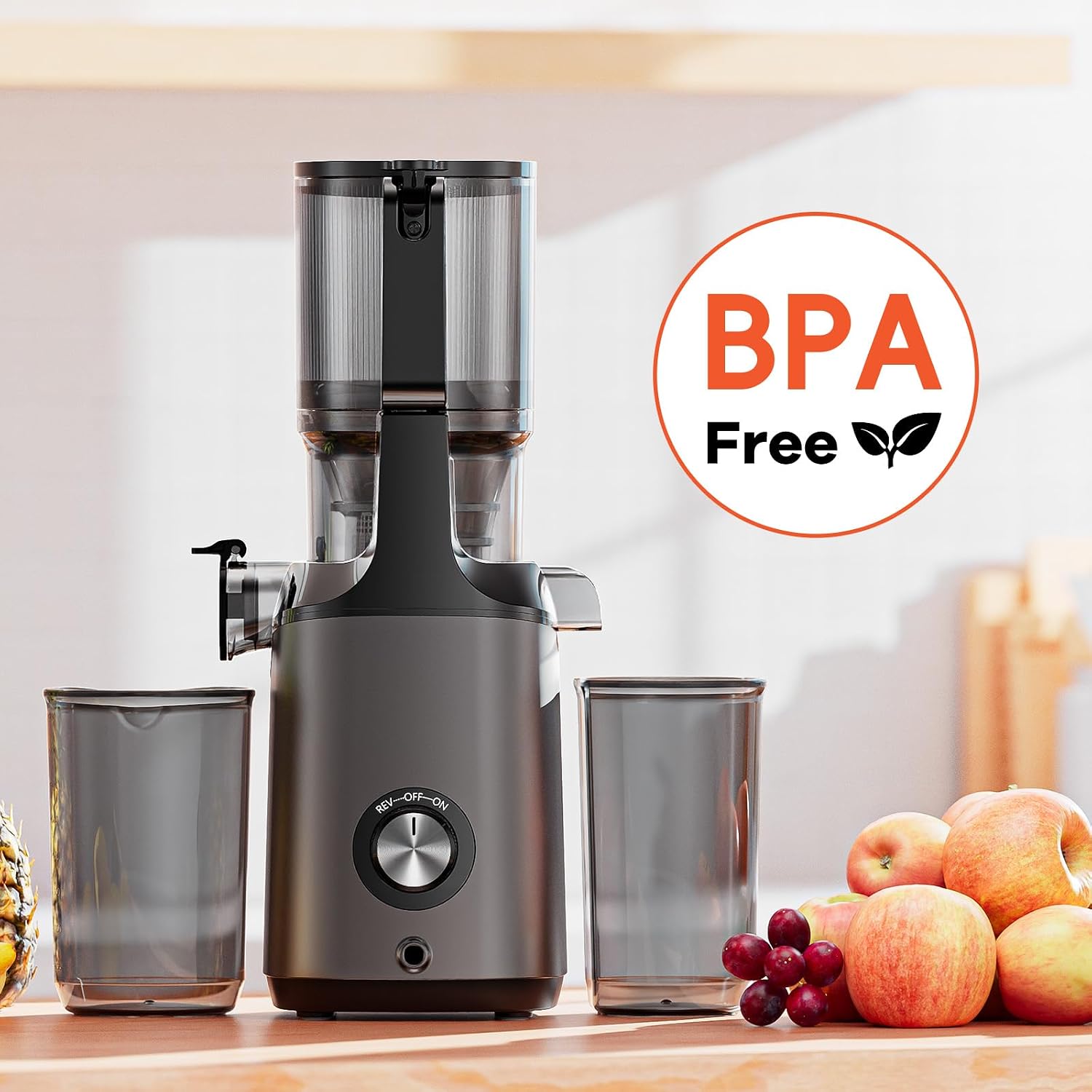 Cold Press Juicer, JoyBear Slow Masticating Machines with 5.3' Extra Large Feed Chute Fit Whole Fruits Vegetables Easy Clean Self Feeding Effortless for Batch Juicing, High Juice Yield, BPA Free 200W