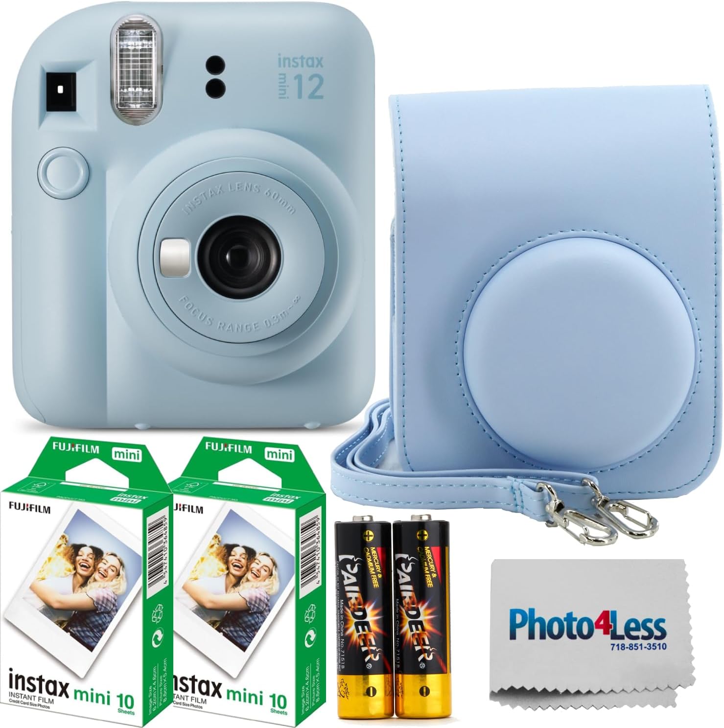 Fujifilm Instax Mini 12 Instant Film Camera Pastel Blue, Fujifilm Instax Mini Twin Pack Instant Film 20 Prints, Prtotective Case, Gift Bundle