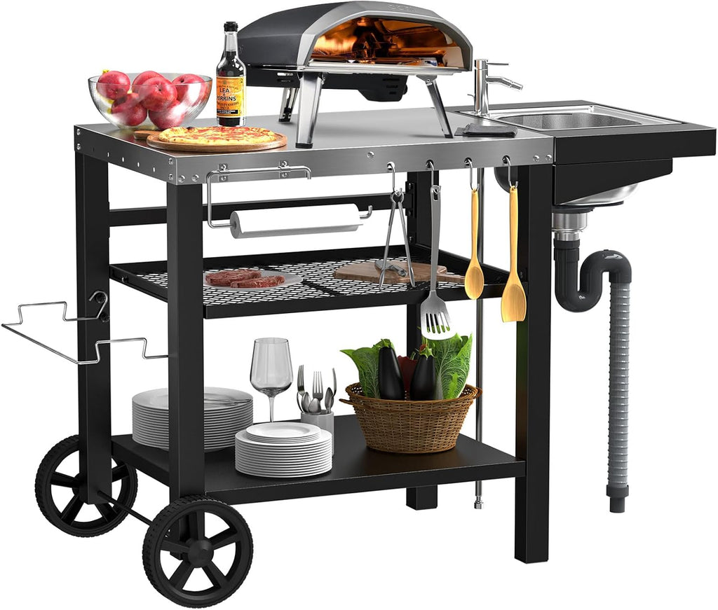 Outdoor Grill Table with Sink, Pizza Oven Cart with Drawer & Wheels, Movable 3 Shelf Food Prep Table for Ninja Woodfire, Blackstone Griddle Stand, Ooni Pizza Oven, Cuisinart, Cooking Station