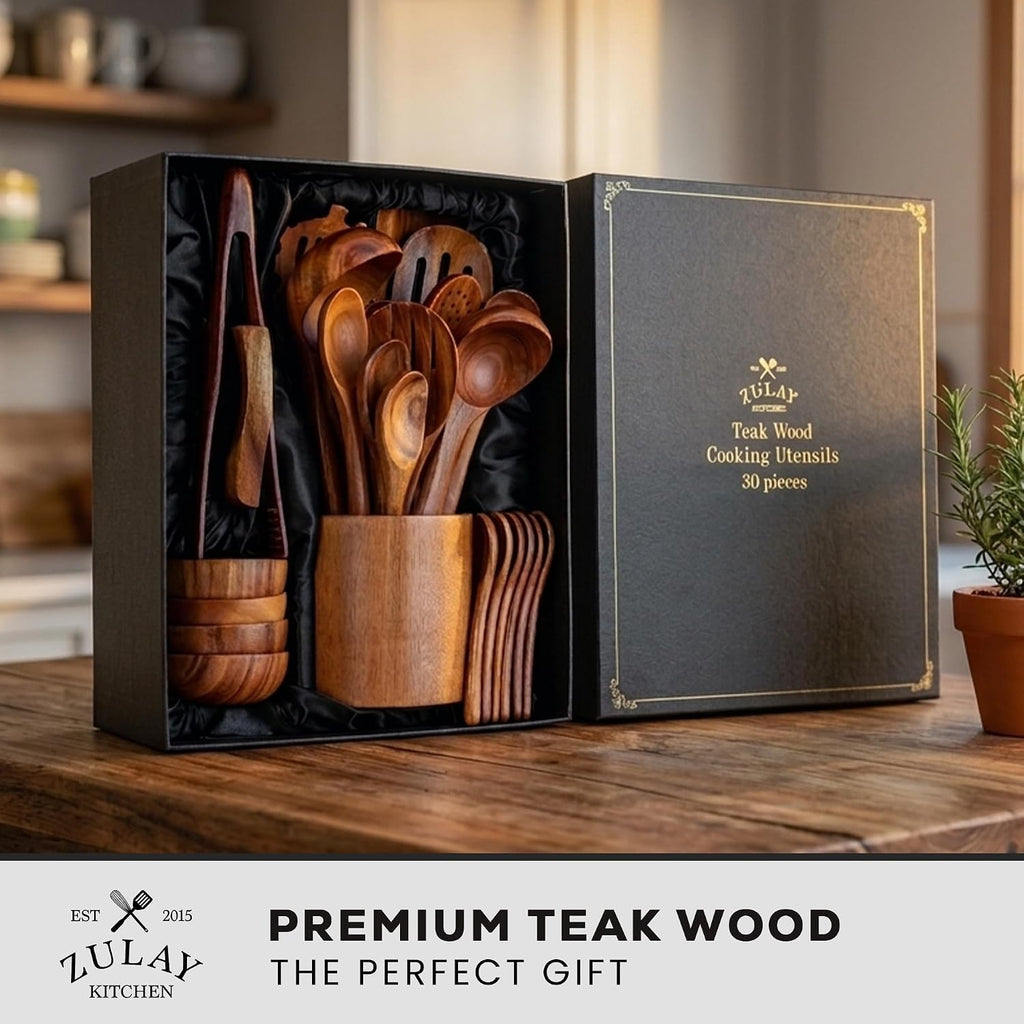 Zulay Kitchen 30-Piece Teak Wooden Utensils - Natural Teak Cooking Utensils with Premium Gift Box - Non-Stick Wooden Spoons - Kitchen Gift Set - Comfortable Grip