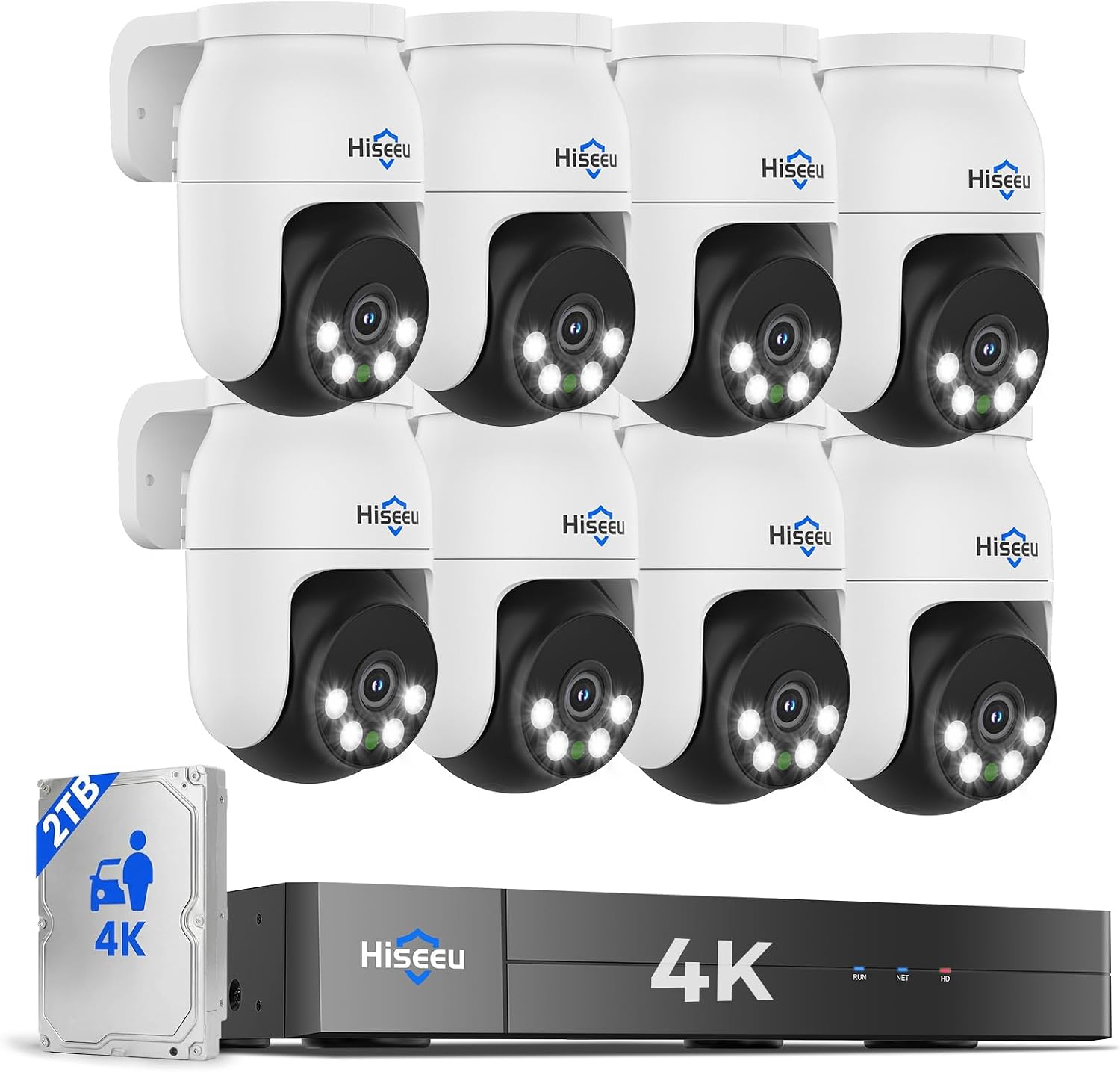 Hiseeu 4K PTZ Wired Security Camera System with 8 x 8MP IP67 CCTV Cameras,8MP DVR,360° Coverage,Smart Color Night Vision,Audio,Person/Vehicle Detection,2TB HDD for 24/7 Recording,Surveillance DVR Kit