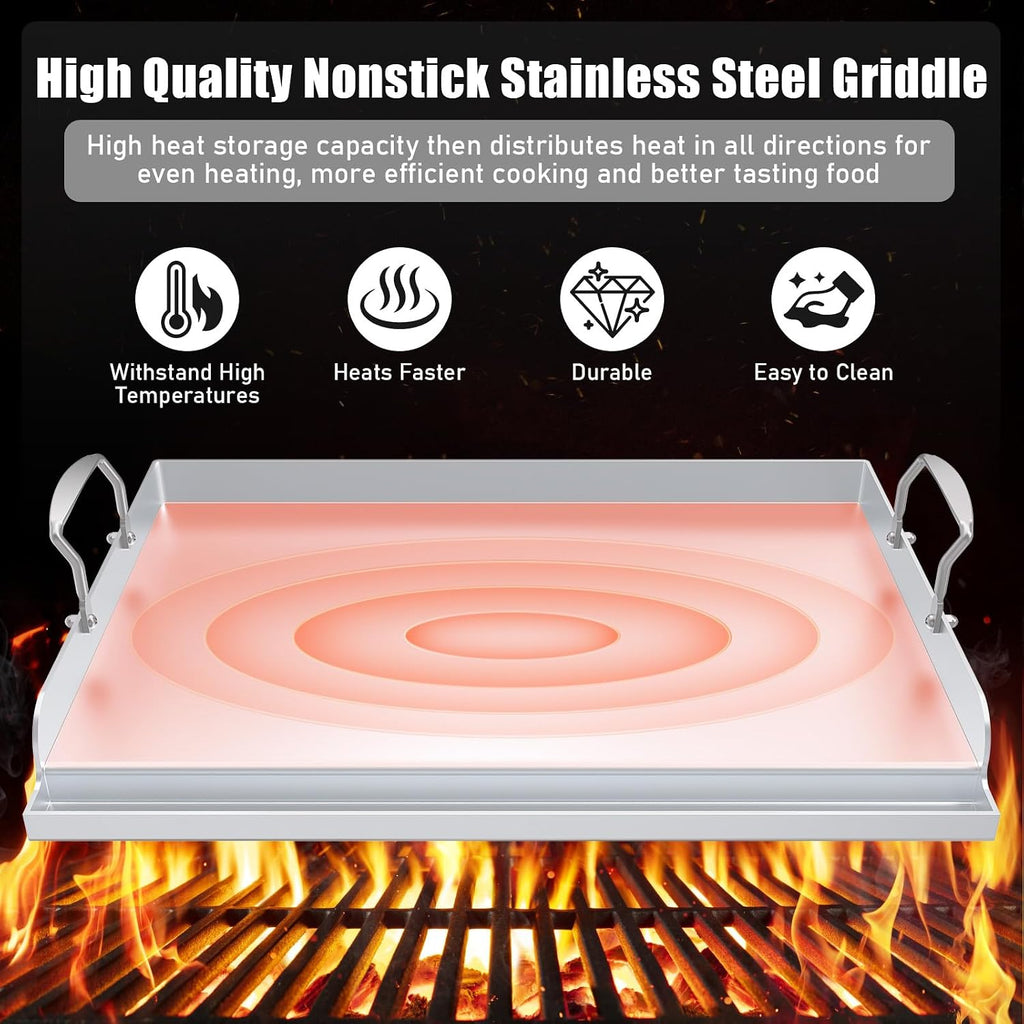 Universal Stainless Steel Cooking Griddle, Nonstick Flat Top Plate Insert for Gas Top Stove and Charcoal Grills, Tailgating, Camping and Parties, 23' x 16' Plancha Para Cocinar
