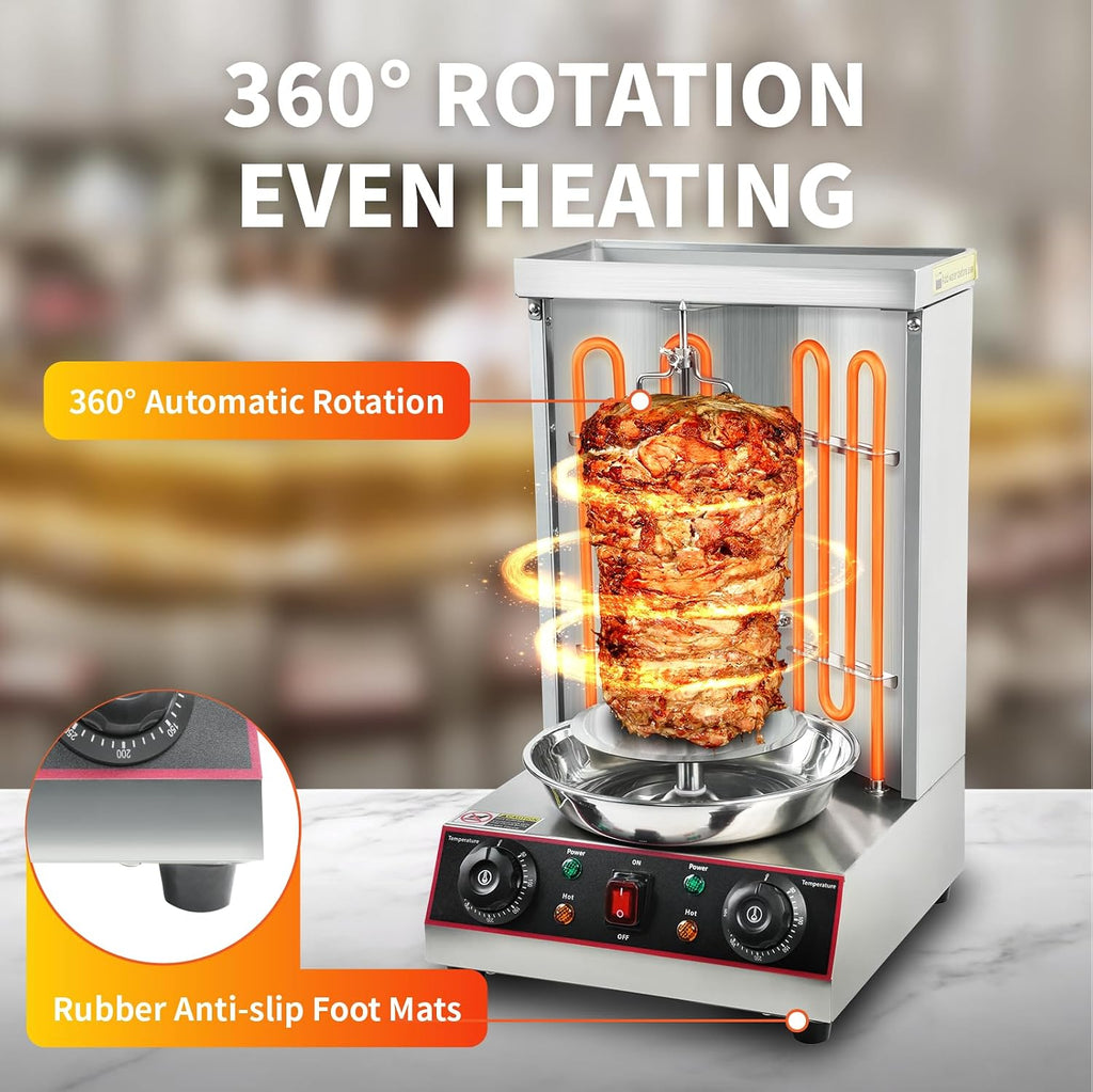 Shawarma Grill Machine, Electric Vertical Rotisserie with 2 Burners, Rotating Chicken Rotisserie Machine Broiler Gyro with Shovel