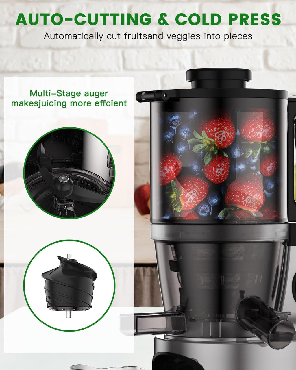 Cold Press Juicer - Slow Juicer Machines with 5.5' Feeding Chute, Masticating Juicer Fit Whole Fruits and Vegetables, Auto-cutting Auger, Easy to Clean (silver)