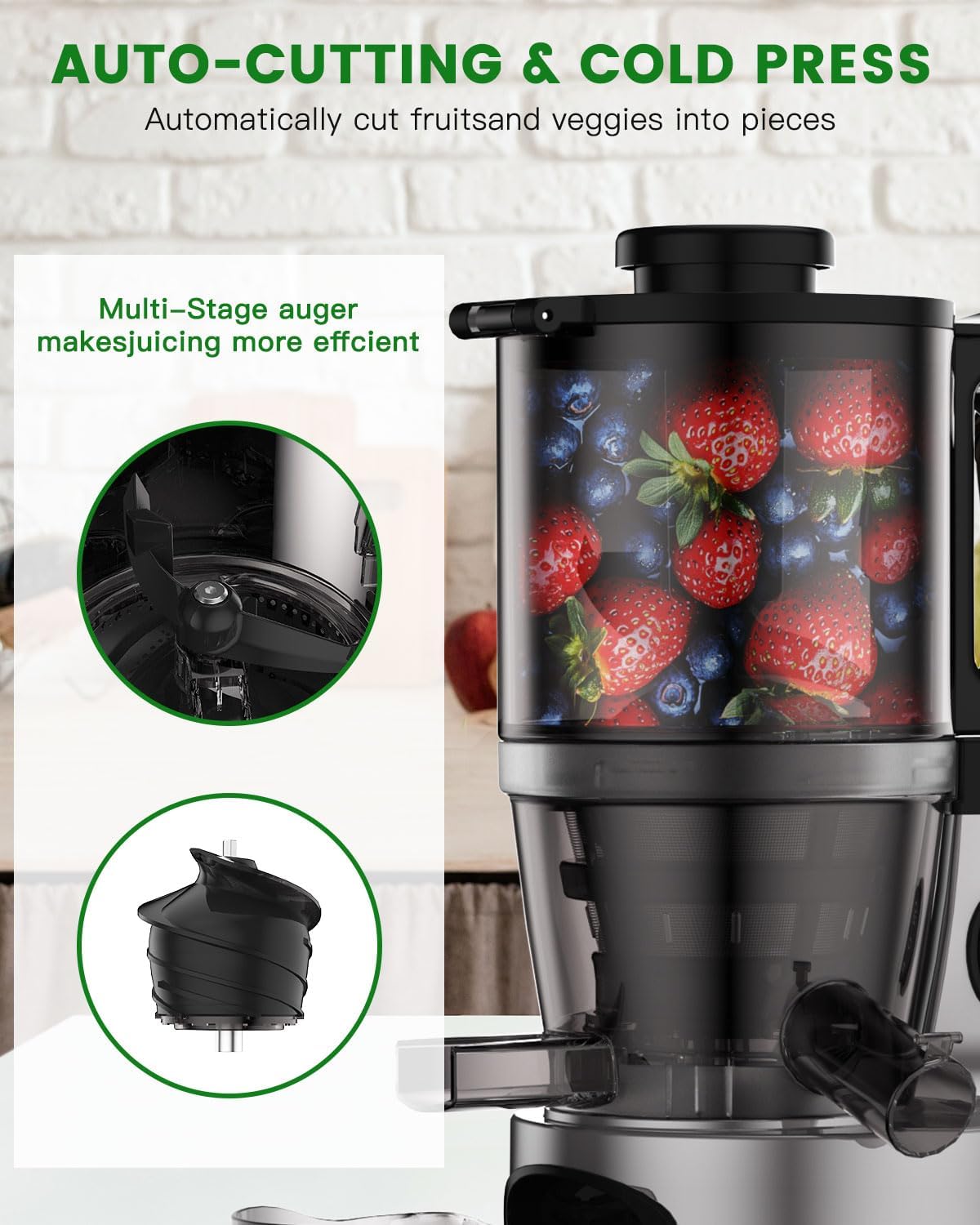 Cold Press Juicer - Slow Juicer Machines with 5.5' Feeding Chute, Masticating Juicer Fit Whole Fruits and Vegetables, Auto-cutting Auger, Easy to Clean (silver)