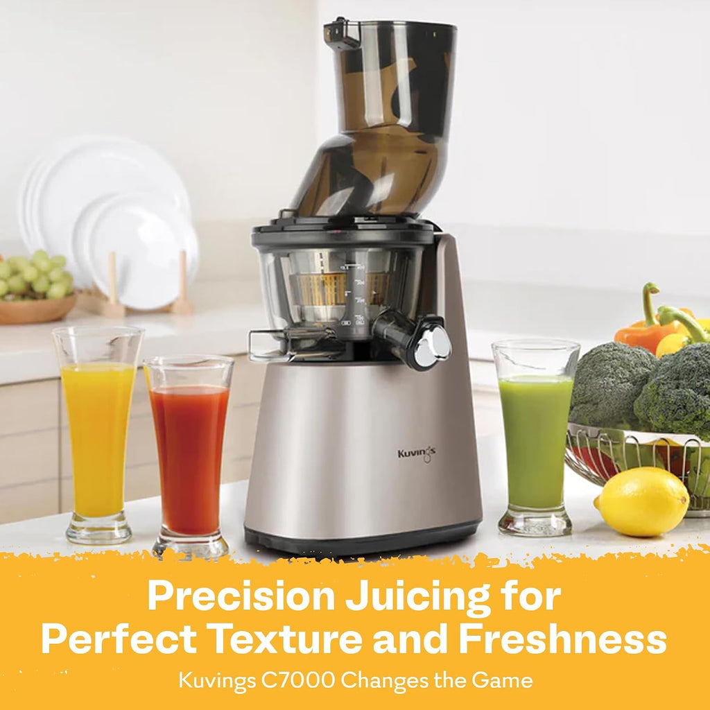 Kuvings Whole Slow Juicer C7000SS - Slow Masticating Juicer Machine with Quiet 240W Motor & BPA-Free Components - 3in Wide Mouth Feed Chute & Removable Hopper for Juices & Sorbets - Silver Pearl