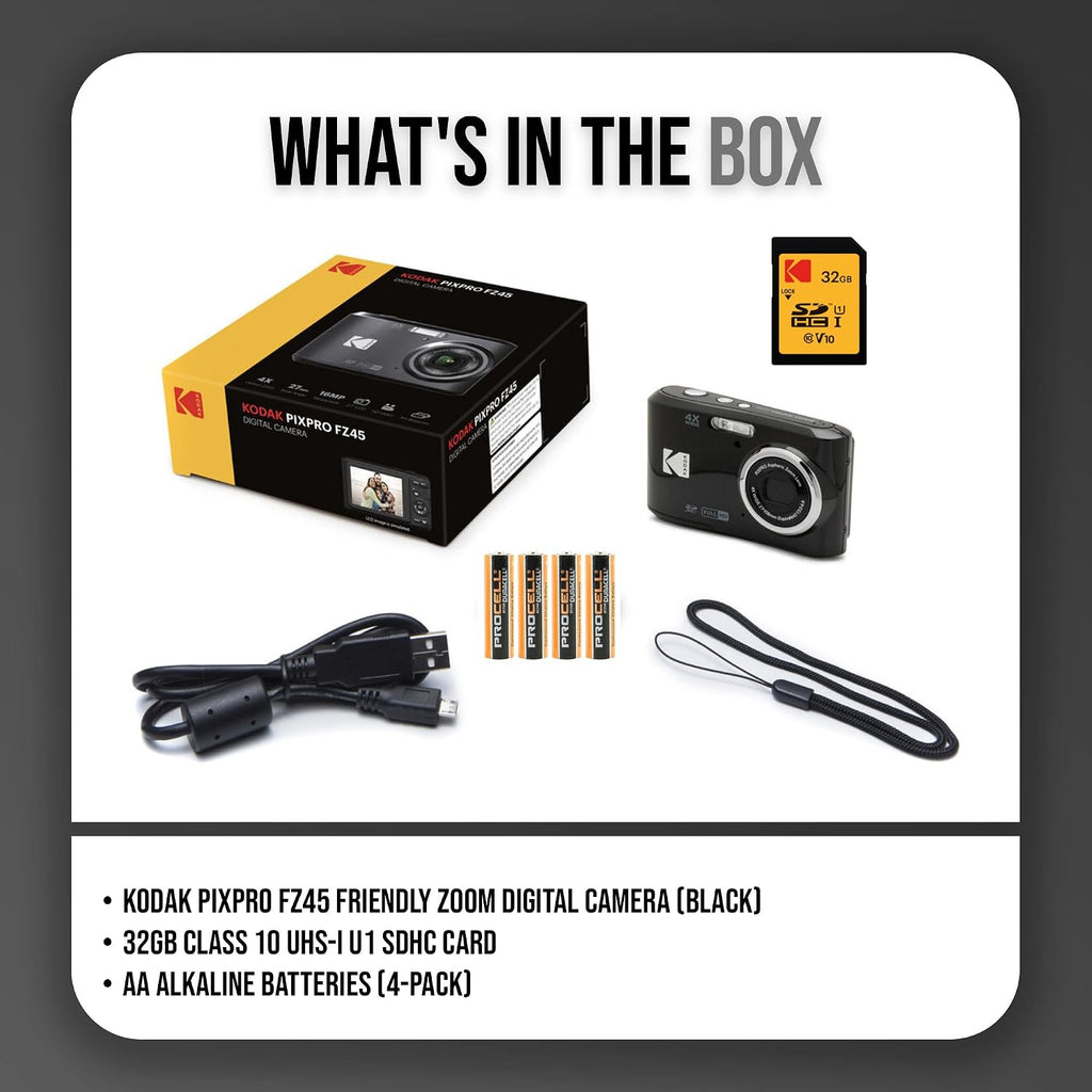 Kodak PIXPRO FZ45 Digital Camera (Black) Bundle with 32GB Class 10 UHS-I U1 SDHC Memory Card and AA High-Performance Alkaline Batteries (4-Pack) (3 Items)
