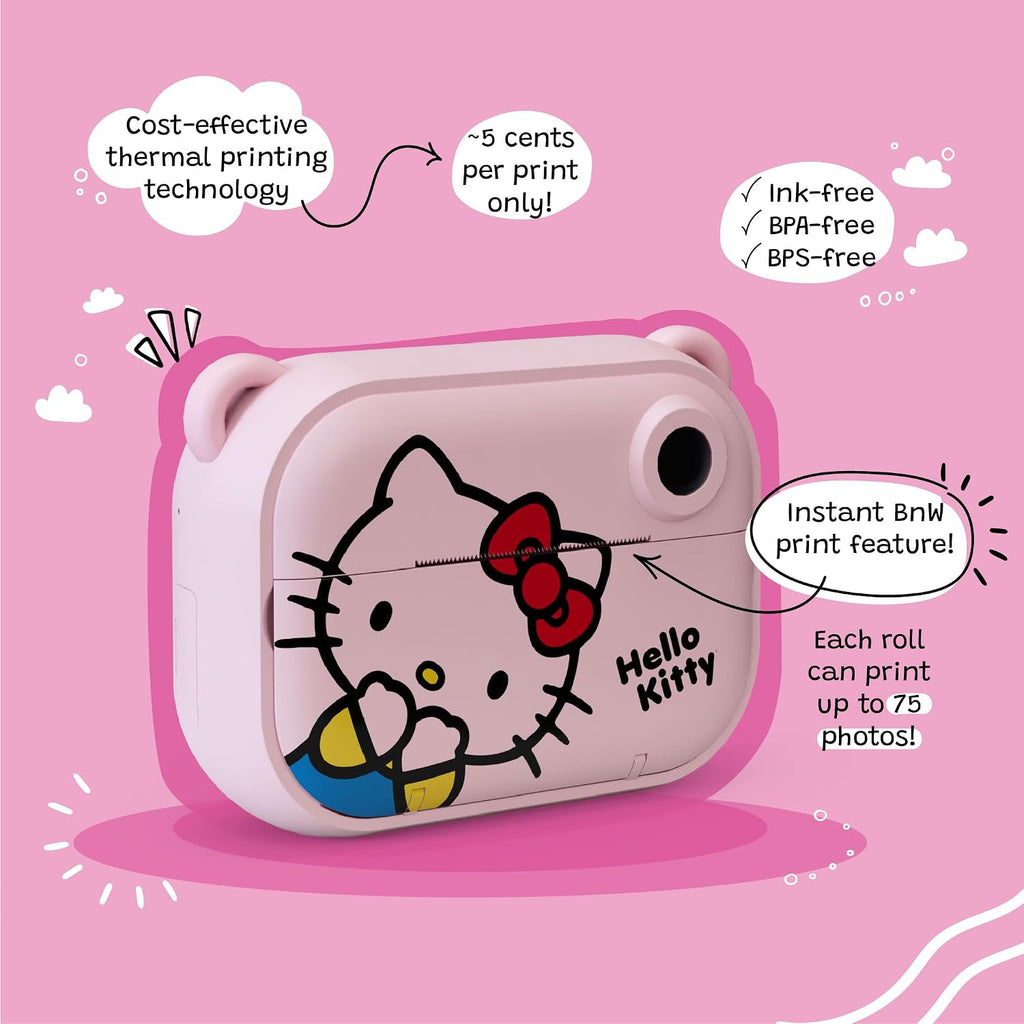 kiimento Sanrio Licensed Instant Print Digital Camera, Best Travel Buddy Hello Kitty, 2.4' HD Screen, Ink-Free B&W Printing, Selfie Lens, 1080p Video, 32GB Memory Card (Model P)