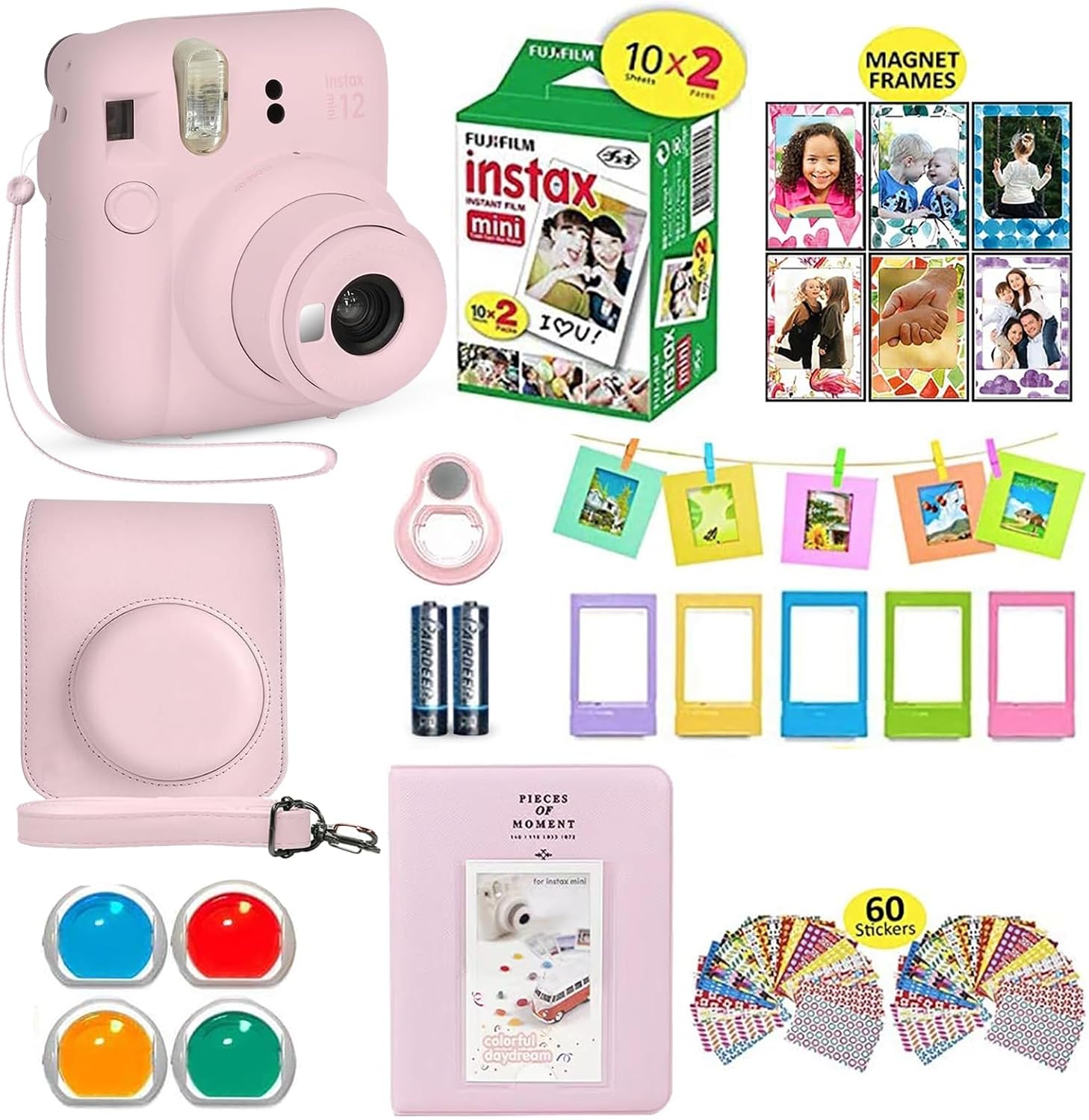 Fujifilm Instax Mini 12 Instant Camera Blossom Pink + Shutter Compatible Carrying Case + Fuji Film Value Pack (20 Sheets) + Shutter Accessories Bundle, Color Filters, Photo Album, Assorted Frames.
