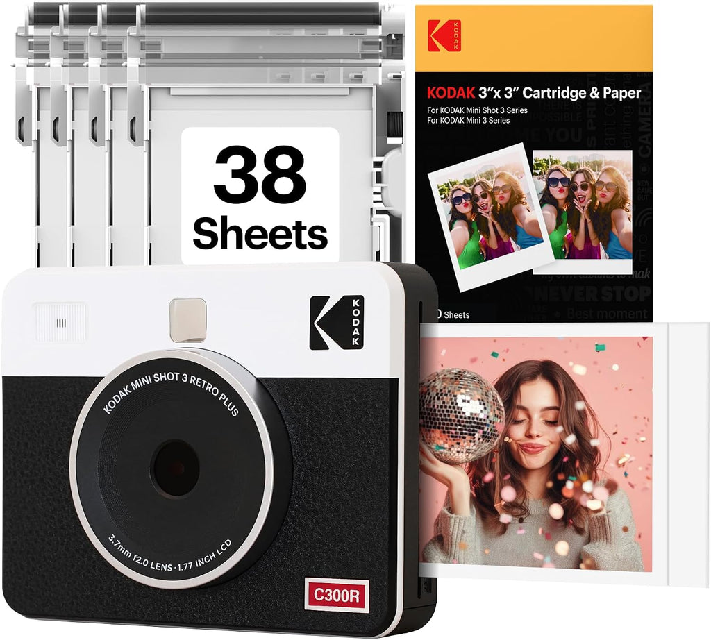 KODAK Mini Shot 3 Retro 3x3' Instant Digital Camera & Photo Printer, 38 Sheets, 2-in-1 Portable Print Camera, Bluetooth Smartphone Printer for iOS & Android, 4PASS Dye Sublimation, White