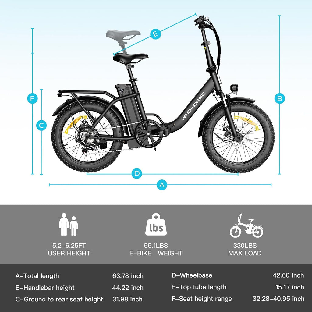 WINDHORSE 20' Folding Electric Bike, 983W Peak Motor, 20MPH, 40–70 Miles, 48V 748.8Wh Removable UL Battery, Front Suspension, Fat Tire E-Bike for Commuting, Beach, All -Terrain | Adults & Teens