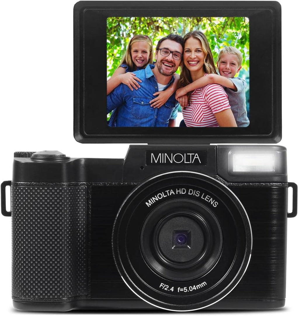Minolta 30MP Digital Camera – 2.7K Ultra HD Video, 3-inch 180° LCD Screen, Face Detection, Anti-Shake, 9 Scene Modes, Photo Burst, Panorama, CMOS Sensor, 32GB Card (Black)