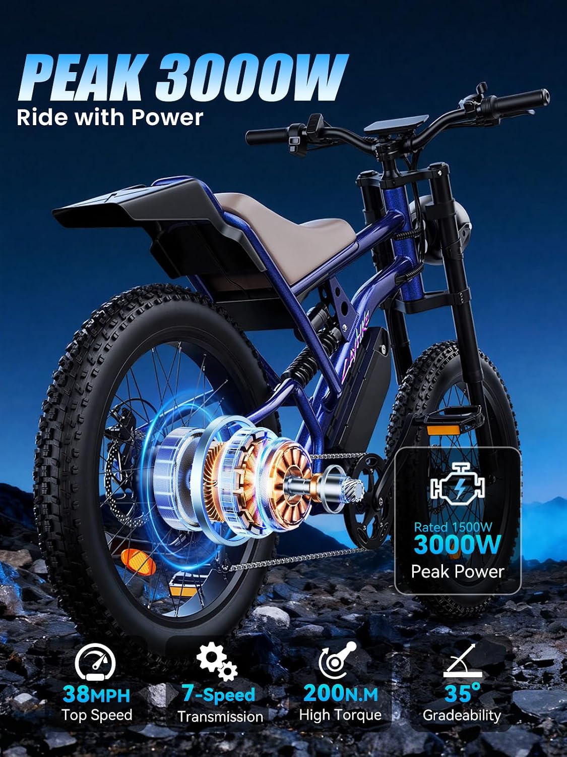 35 MPH Electric Bike for Adults, 3000W Peak Power Electric Motorcycle, 24' Fat Tire Electric Mountain Bike, 48V 20.8Ah Battery, All Terrain Ebike for Mountains, Beach, Snow, Sand
