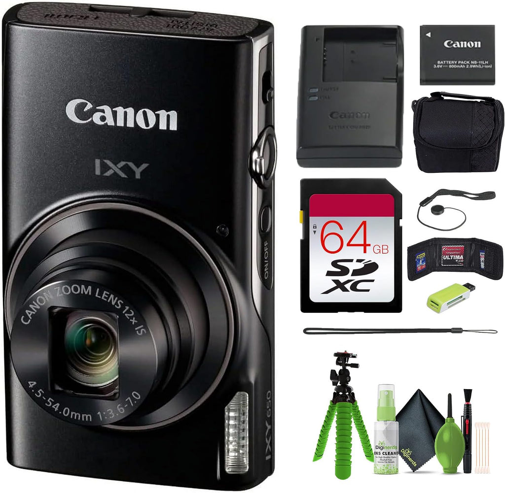Canon PowerShot IXY 650 (ELPH 360) HS Compact Digital Camera 12x Optical Zoom IXY650 (Black) Bundle with 64GB Memory Card + Camara Bag + Card Reader + Vlogging Tripod + Cleaning Kit + More