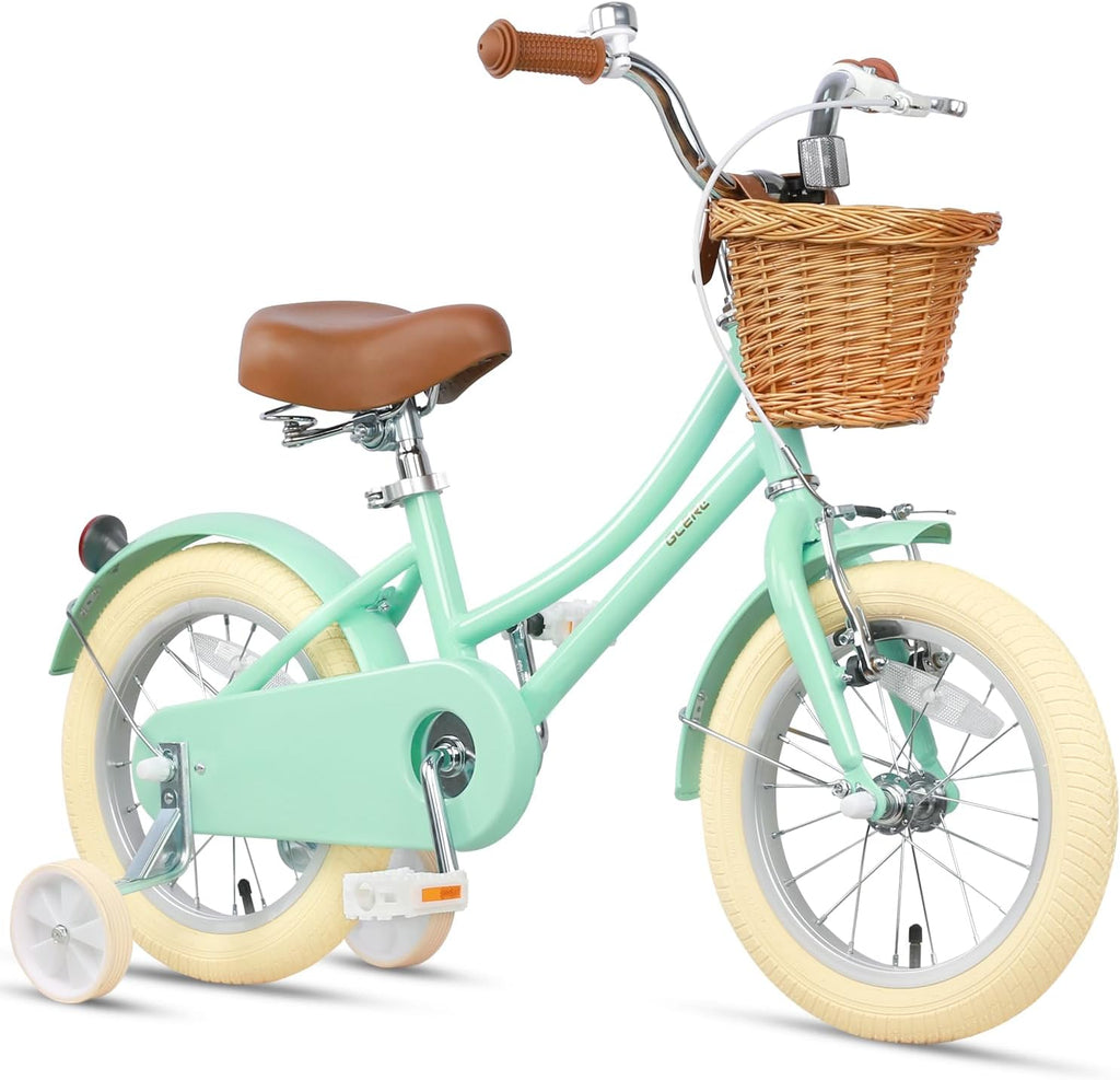 Glerc Little Molly 12-20 Inch Kids Retro Cruiser Bike for 2-13 Year Old with Wicker Basket & Training Wheels/Kickstand, Multiple Colors