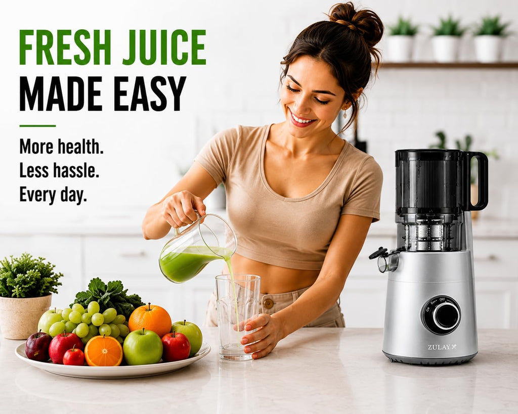 Zulay Kitchen Juicer Machine with 5' Wide Feed Chute, Cold Press Slow Masticating Juicer for Whole Fruits & Vegetables, Easy to Clean Stainless Steel Blades, High Juice Yield - Silver