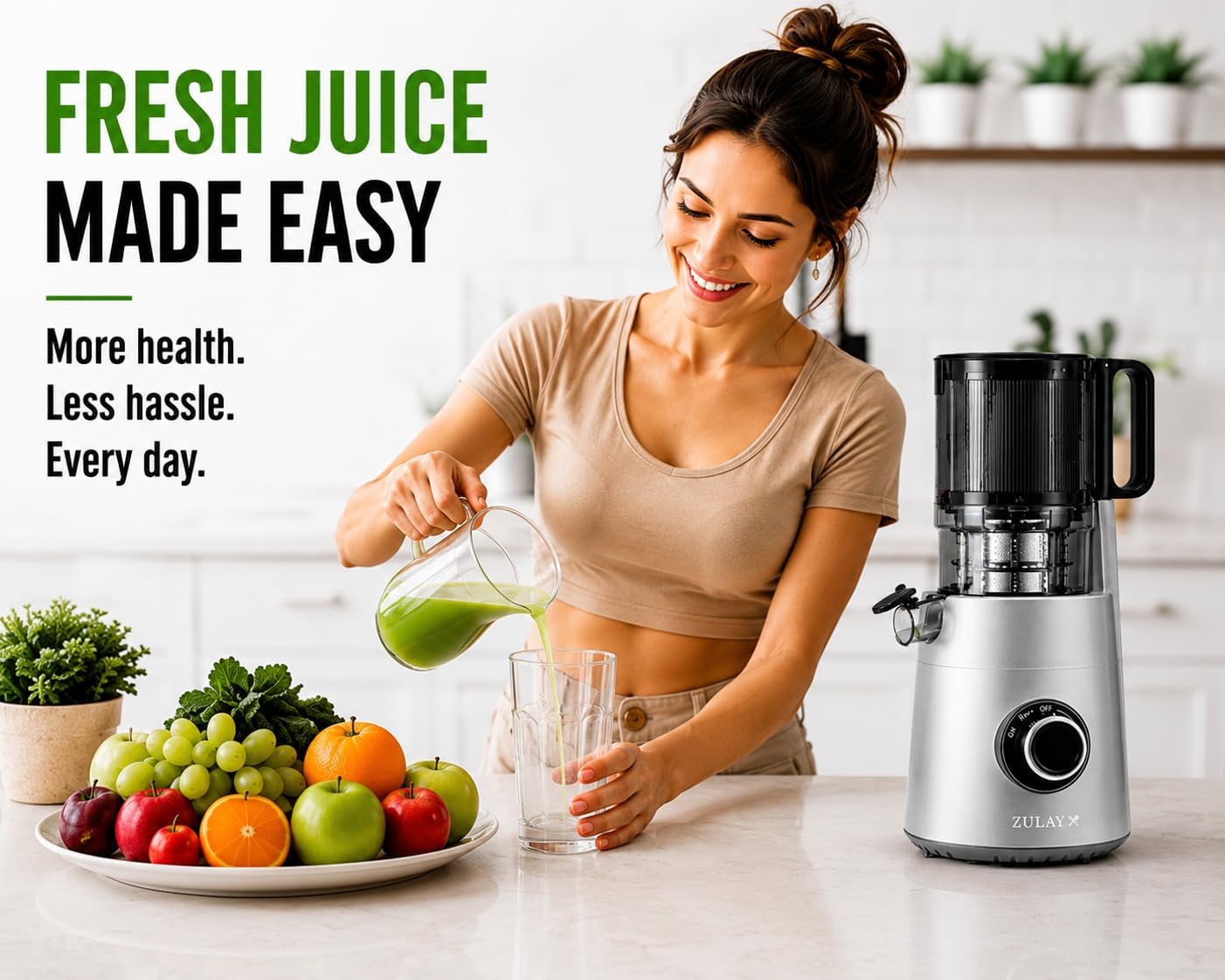 Zulay Kitchen Juicer Machine with 5' Wide Feed Chute, Cold Press Slow Masticating Juicer for Whole Fruits & Vegetables, Easy to Clean Stainless Steel Blades, High Juice Yield - Silver
