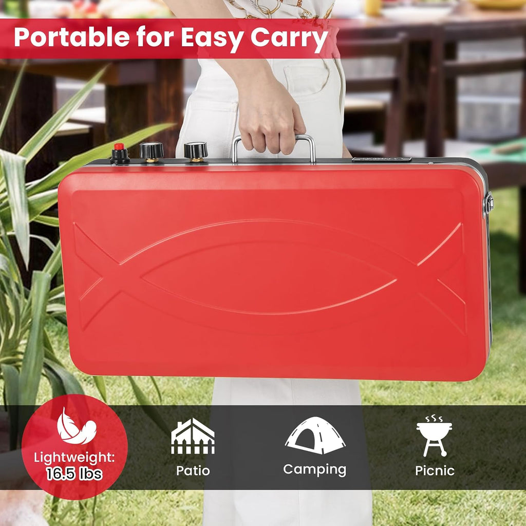 HAPPYGRILL Portable Camping Stove, 2-Burner Propane Grill Cooker with Removable Leg Stand, Roast Grill, Dual Control Knobs, Wind Guards, Outdoor Gas Grill for Camping BBQ Picnic, Red