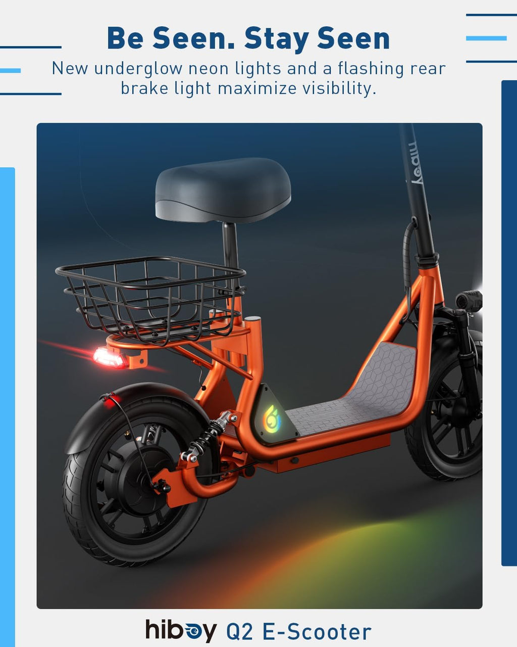 Hiboy Q2/U2 Adult Electric Scooter with Seat & Phone Holder – 500W Motor, 22mi Range, 14' Wheels, Dual Suspension, Neon Lights, Foldable for Commute, Flame