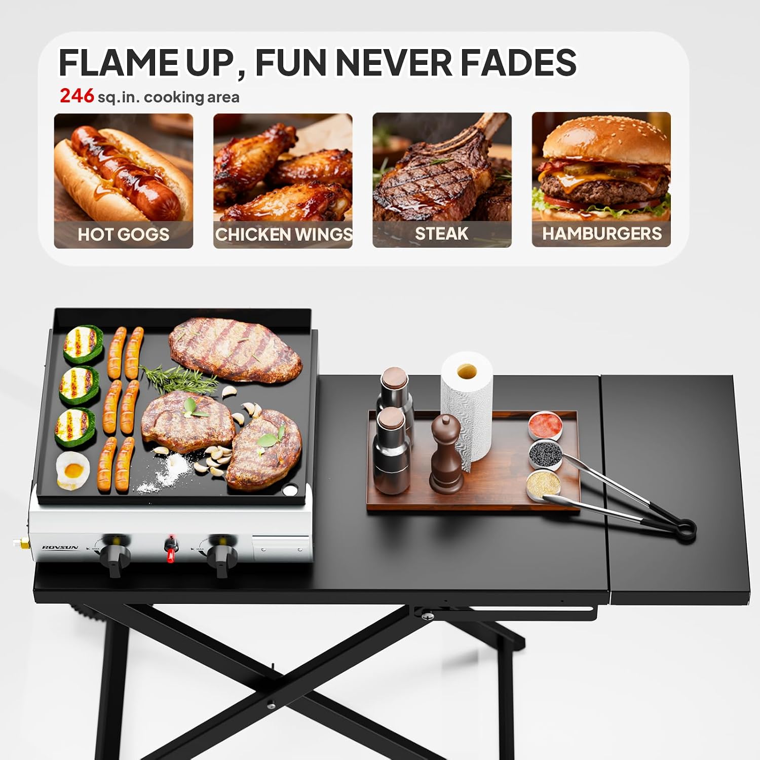 ROVSUN 2 Burner Foldable Propane Griddle with Wheels & Enameled Tray, 20000 BTU Portable Flat Top Gas Grill with Electronic Ignition & Regulator for Outdoor Cooking Camping BBQ Tailgating Picnicking