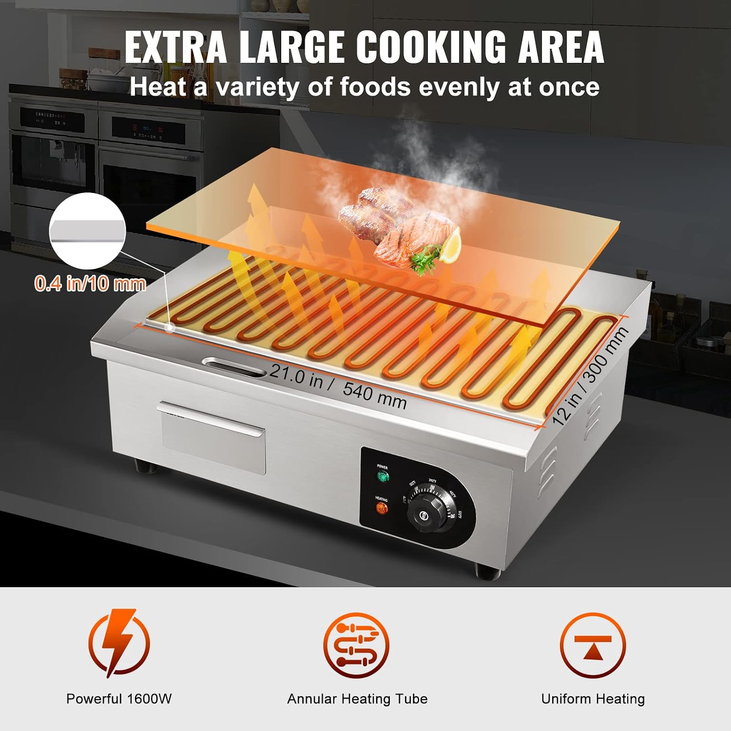VEVOR Commercial Electric Griddle, 22', 1600W Countertop Flat Top Griddle, Stainless Steel Teppanyaki Grill w/Iron Cooking Plate, 122-572℉ Adjustable Temp Control 2 Shovels & Brushes, 110V