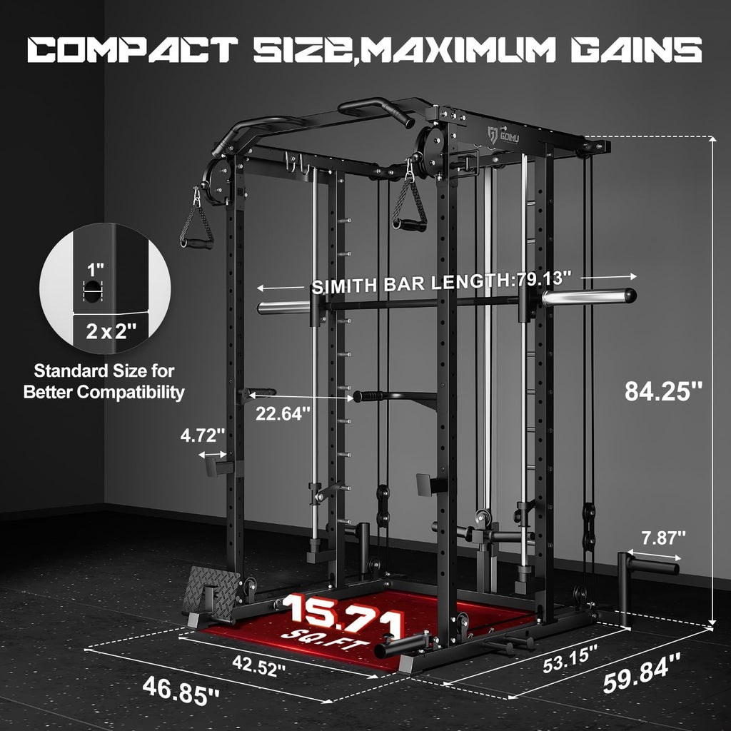 S1-V4 Smith Machine, 2000LBS Power Cage with Cable Crossover System, All-in-One Squat Rack with Smith Bar, Strength Training Equipment for Hone Gym