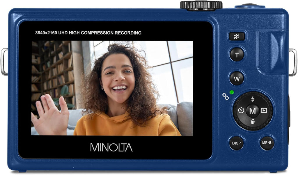 Minolta 48MP Autofocus Digital Camera with Selfie Mirror – 4K Ultra HD Video, 16x Digital Zoom, 3.0' LCD, Face Detection, Smile Capture, Scene Modes, Rechargeable Battery, Memory Card (Blue)