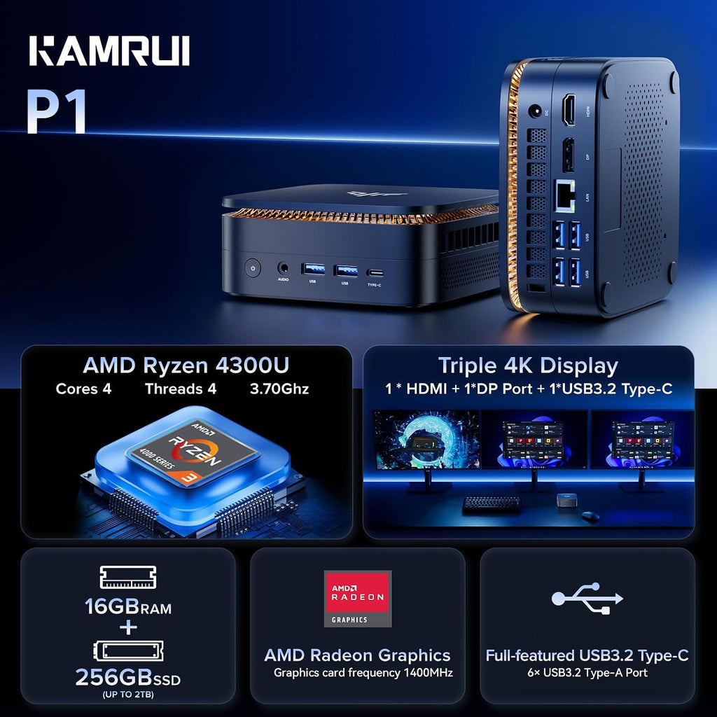 KAMRUI Pinova P1 Mini PC, W-11 Pro AMD Ryzen 4300U(Beat 3500U/N150/N95/10110U up to 3.7GHz), 16GB RAM 256GB SSD Mini Desktop Computer Support 4K HDMI+DP+Type-C, with Dual WiFi, Business Home Office