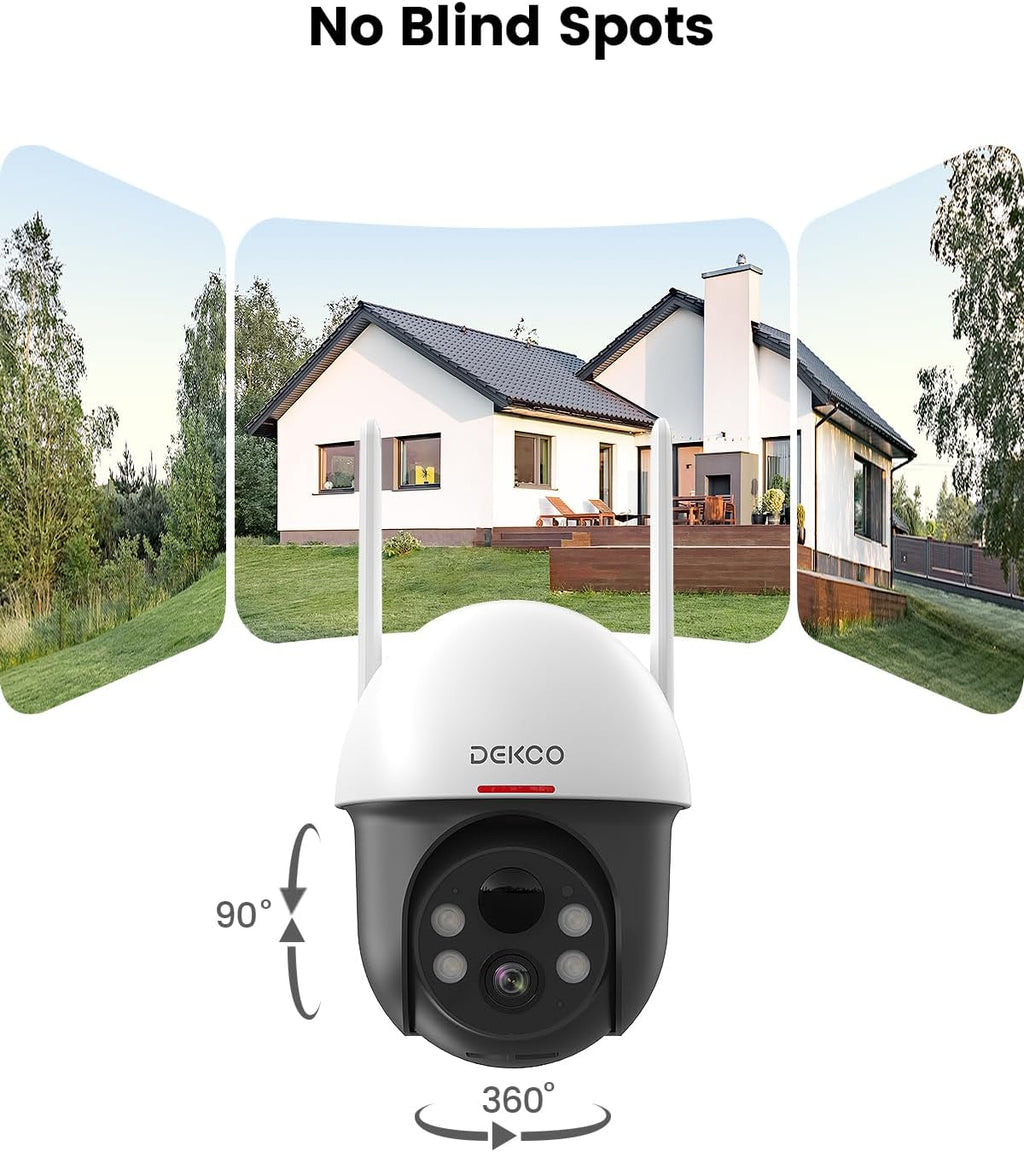 DEKCO Security Cameras Wireless Outdoor, Solar Powered, Panoramic PTZ, Auto Motion Tracking, True 2K, Color Night Vision, Spotlights, 2-Way Talk, 2 Pack