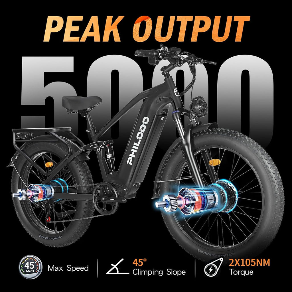 5000w Dual Motor Electric Bicycles, 60V Battery E-Bike with 45 MiIe P-Hour Electric Bike for Adults, 26 Fat Tire Hunting Ebike for All Terrain, Full Suspension Electric Ebike