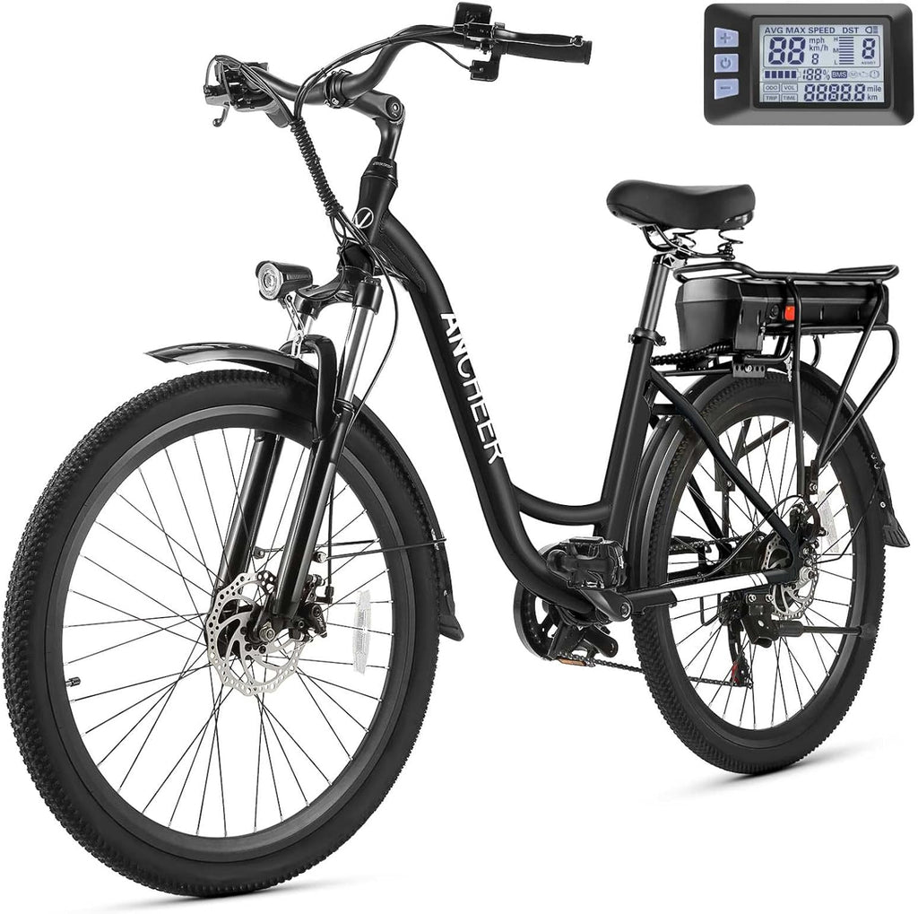 ANCHEER Electric Bike for Adults, 48V 499Wh Ebike, 26' City Commuter Bike with 48V Removable Battery, Up to 55 Miles, 3H Fast Charge, 7-Speed, Step-Thru Cruiser Bike for Women Men, UL2849 Compliant
