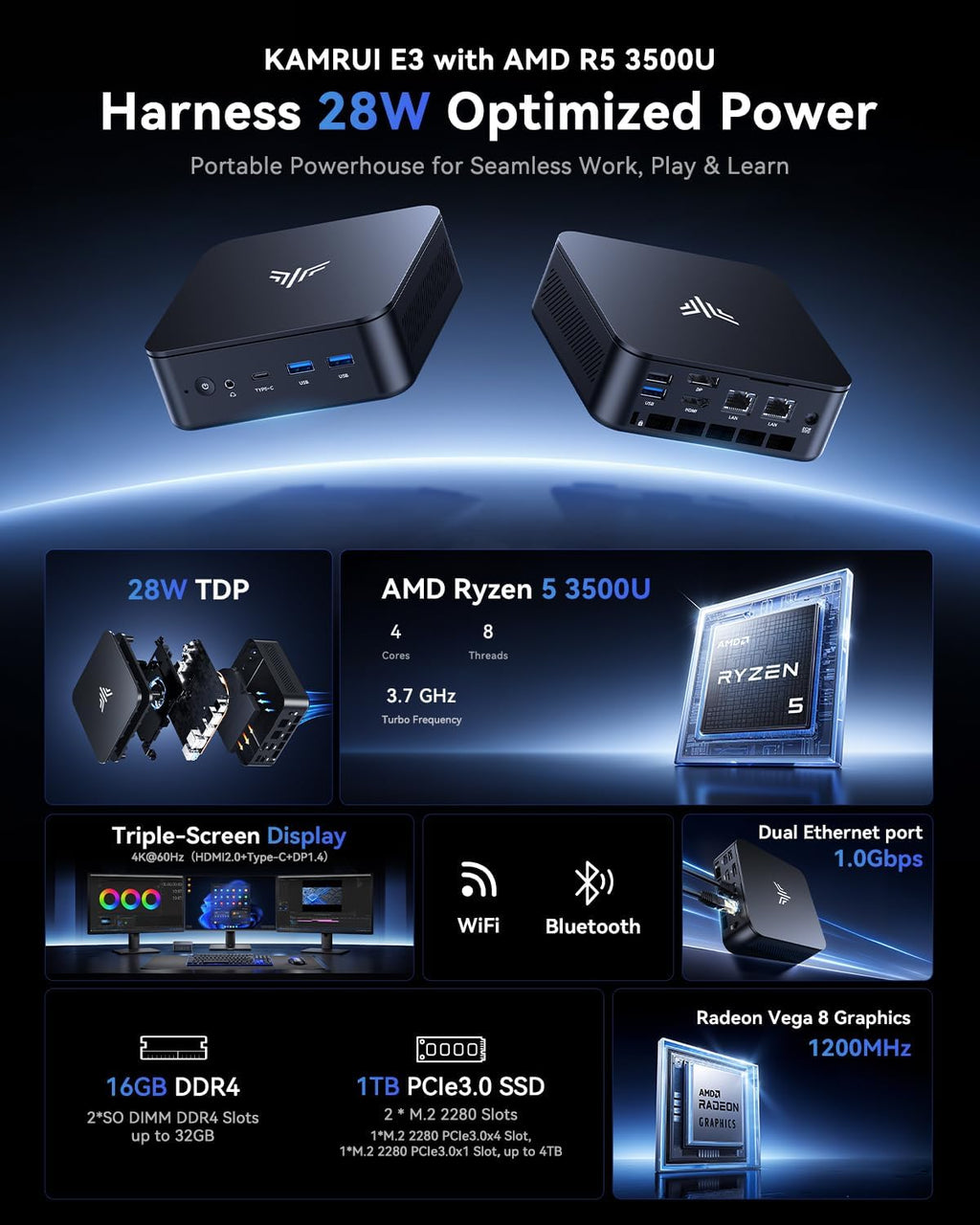 KAMRUI Essenx E3 Mini Computer, AMD Ryzen 5 3500U (4-Core, 8-Thread, up to 3.7GHz), 16GB DDR4, 1TB NVMe PCIe3.0x4 SSD, Dual Gigabit, Triple 4K, Compact Desktop PC for Office, Business, Home Use