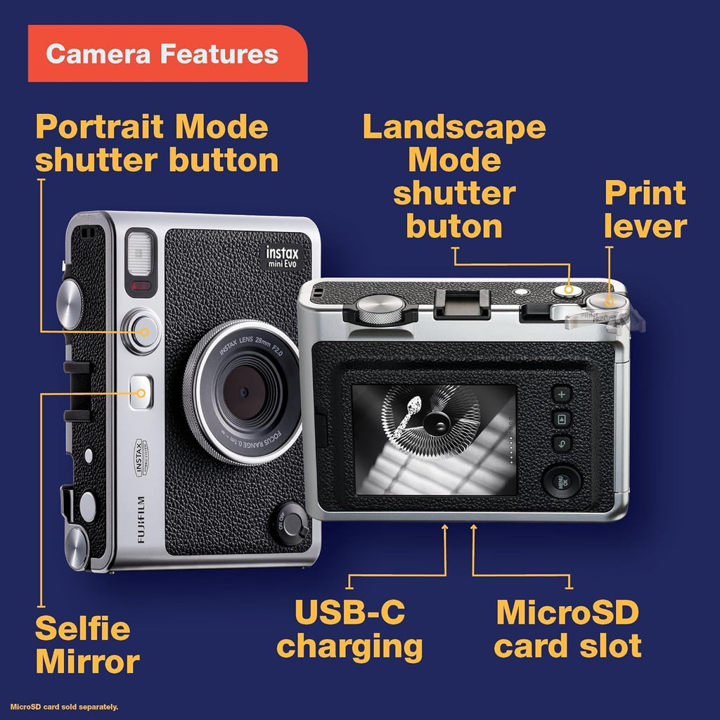 Fujifilm Instax Mini EVO Instant Camera with Sunshine Photo Microfiber Cleaning Cloth (Camera + 1 Twin & 1 Candy Pop, Brown)