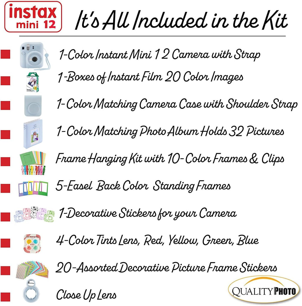 Fujifilm Instax Mini 12 Instant Camera + 20 Photo Prints + Quality Photo Value Bundle, Case, Decoration Stickers, Frames, Photo Album, (Pastel Blue)