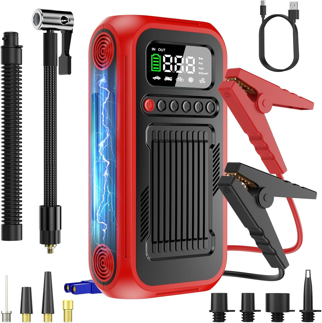 Tire Inflator Portable Air Compressor,12V Car Battery Jump Starter,5X Faster Air Pump For Car Tire with Digital Tire Pressure Gauge&LED Light&Auto Shut-Off,Cordless Pump for Car,Motor,Bicycle
