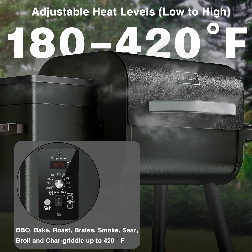 KingChii Electric Wood Pellet Grill & Smoker with Side Shelf, 456 SQ.IN Grill Capacity, 18LB Hopper, with PID Temperature Control (180-425°F) for Backyard Camping Bake and Roast, Black with Cover