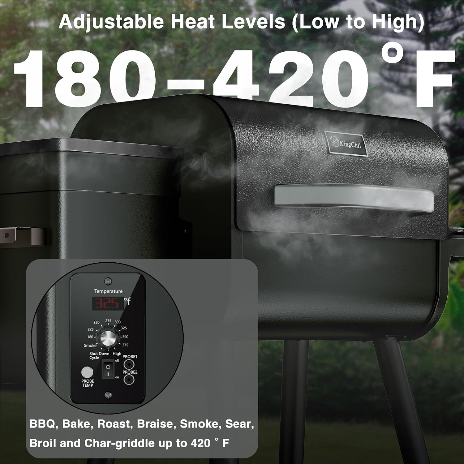 KingChii Electric Wood Pellet Grill & Smoker with Side Shelf, 456 SQ.IN Grill Capacity, 18LB Hopper, with PID Temperature Control (180-425°F) for Backyard Camping Bake and Roast, Black with Cover