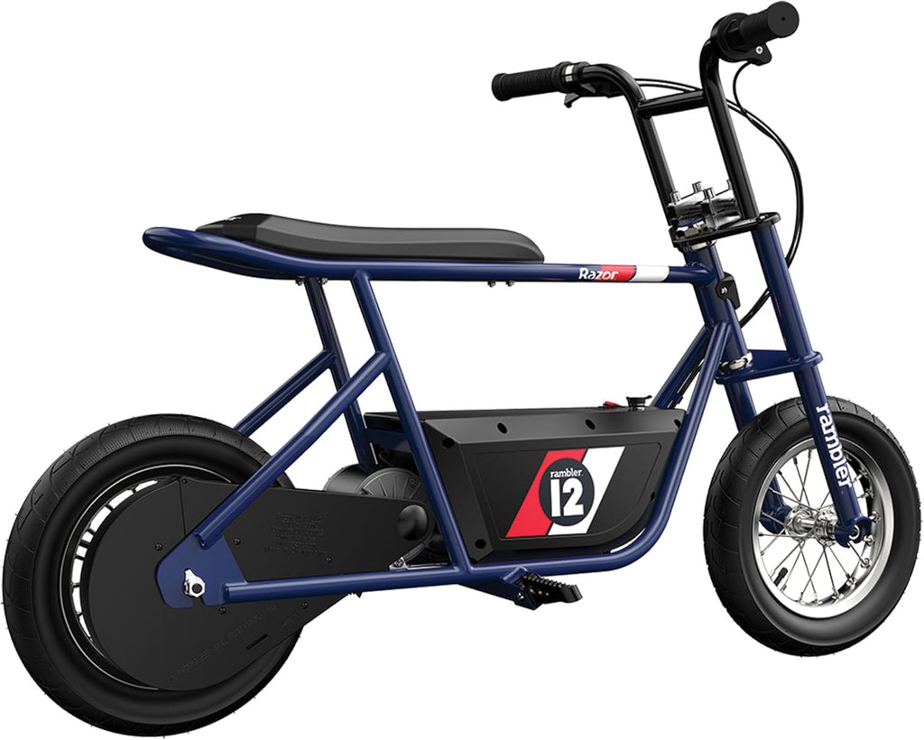 Razor Rambler 12 Electric Retro Mini Bike Ride for Teens Ages 13+, 170 lb Max Weight, Dark Blue – 250W Motor, Up to 14 Mph, 40-Min Run Time, Twist-Grip Throttle, Spoked Wheels w/ 12' Pneumatic Tires