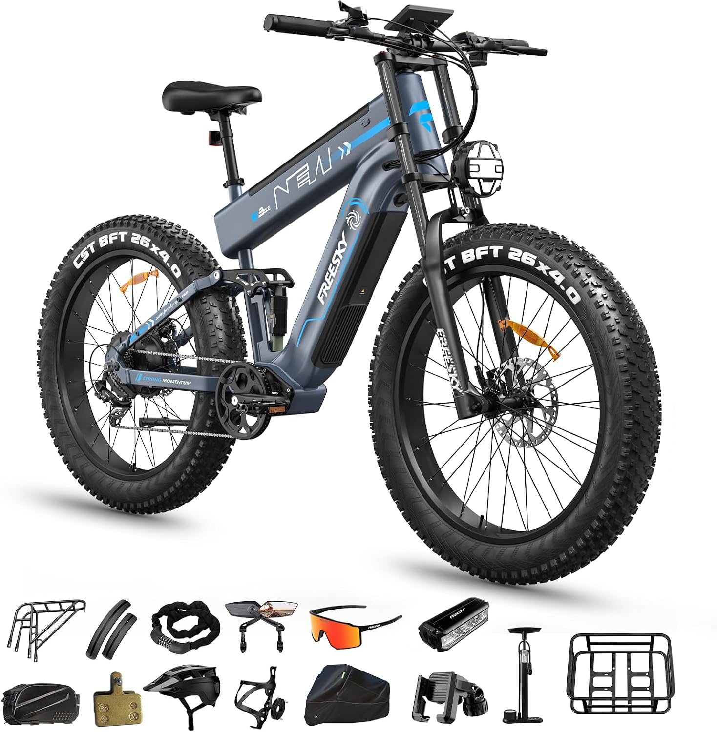 FREESKY 2026 Alaska Pro Dual Battery 48V 45AH 200 Miles 40MPH Electric Bike for Adult, 4000W High-Torque Motor Long Range Fat Tire Ebike, 26' Full Suspension Mountain E Bike, UL 2849 Certified by TÜV