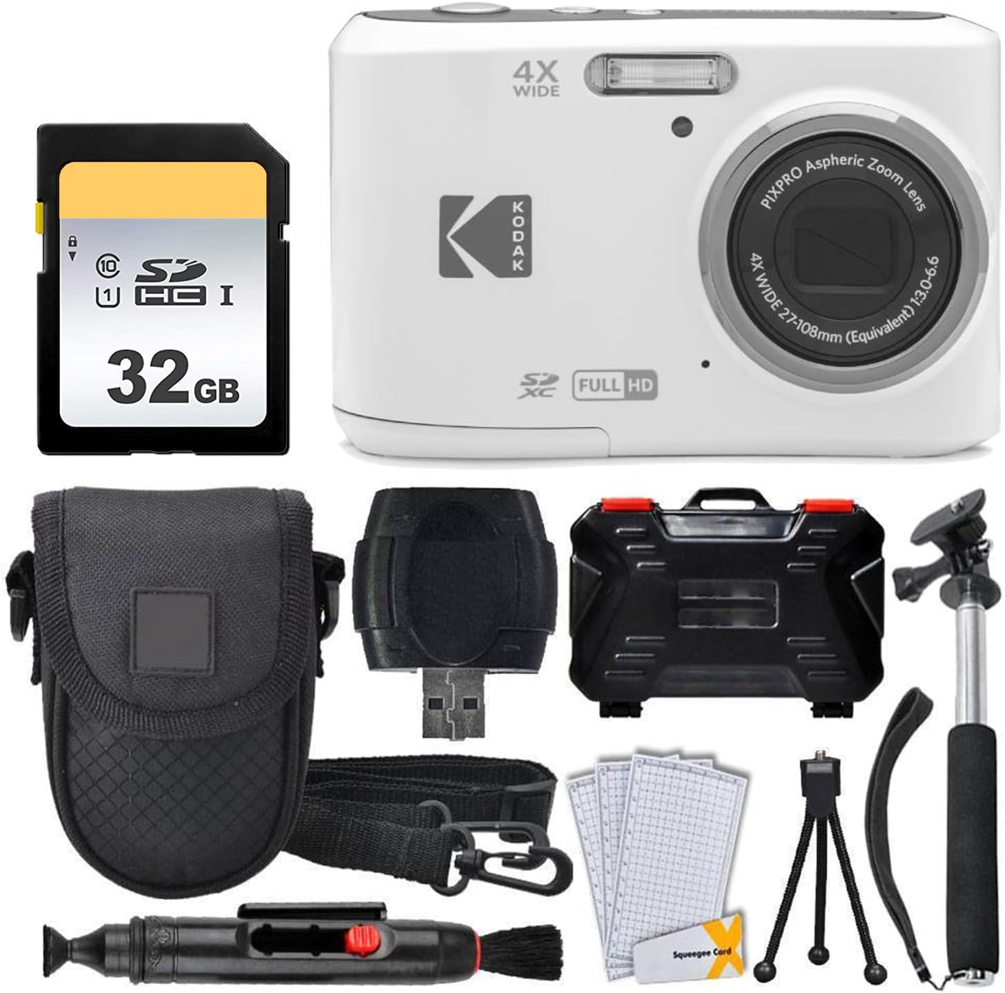 Kodak PIXPRO FZ45 Digital Camera (White) + 32GB Memory Card + Point and Shoot Camera Case + Extendable Monopod + Lens Cleaning Pen + LCD Screen Protectors + Table Top Tripod – Ultimate Bundle