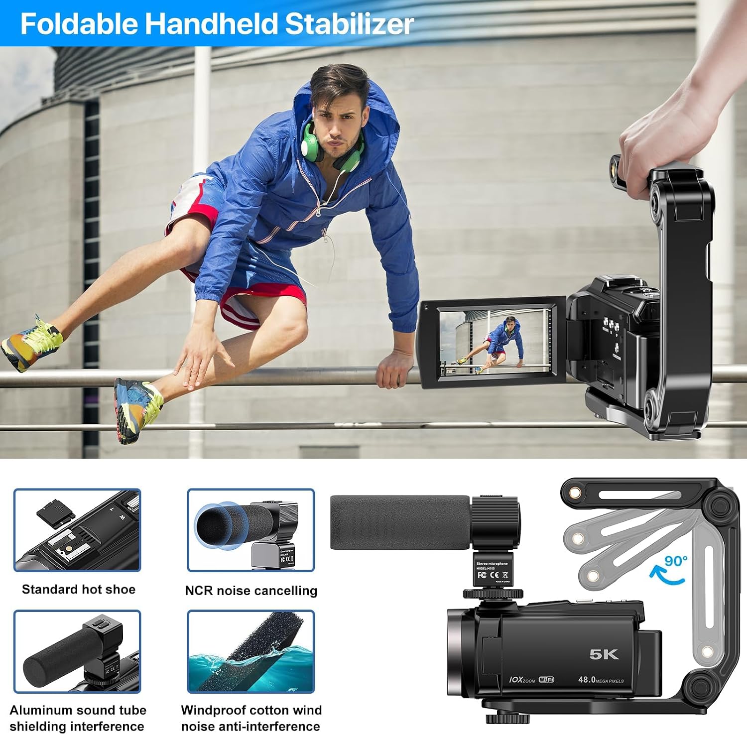 FJFJOPK 5K Video Camera Camcorder, 10X Optical Zoom 48MP UHD 30FPS Vlogging Camera for YouTube, Photography Recorder Camera with 270° 3' Rotation Screen, Microphone, Stabilizer, Remote Control
