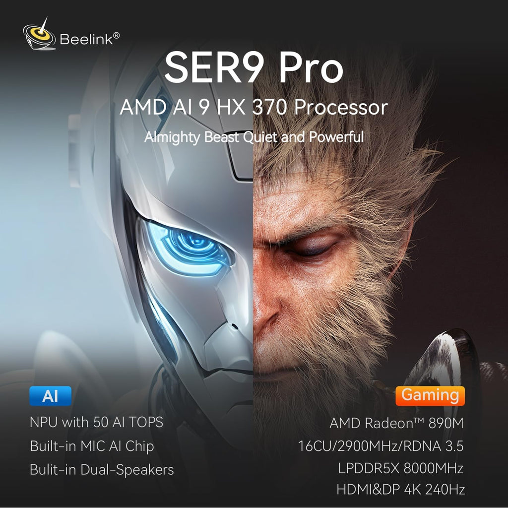 Beelink SER9 AI Mini PC, AMD Ryzen AI 9 HX 370(up to 5.1GHz) 12C/24T, Mini Computer 32GB LPDDR5X RAM 1TB NVMe PCIe4.0x4 SSD, Mini Desktop PC Built-in MIC/Speakers/USB4/WiFi6/BT5.2/2.5G